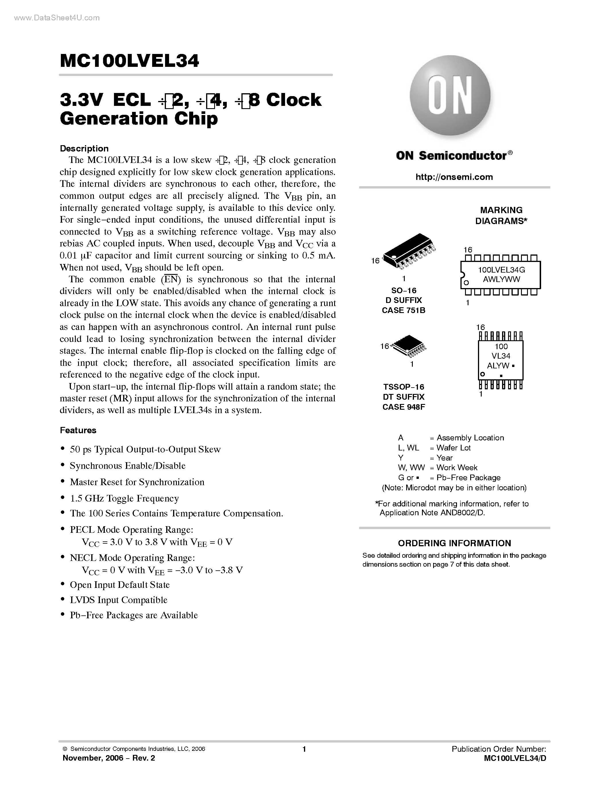 Datasheet MC100LVEL34 - Clock Generation Chip page 1