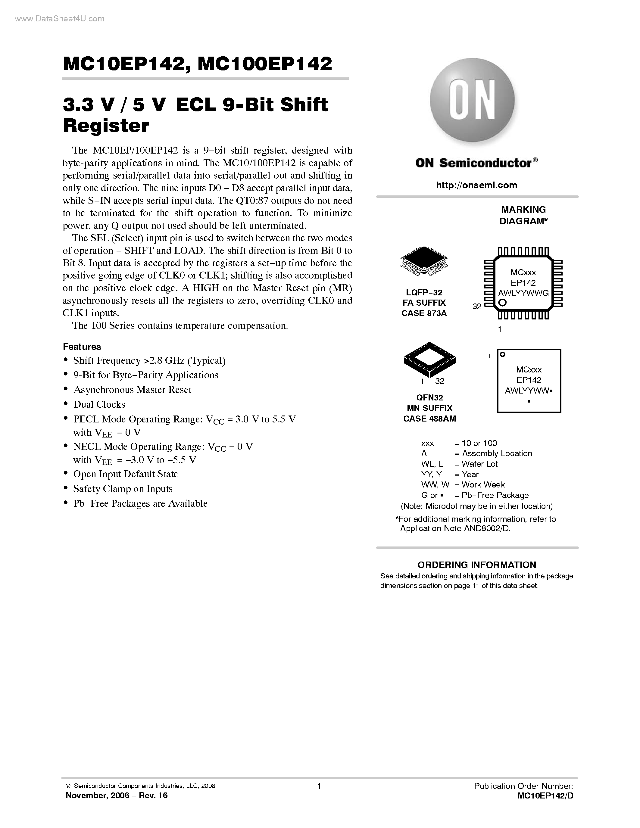 Datasheet MC100EP142 - ECL 9-Bit Shift Register page 1