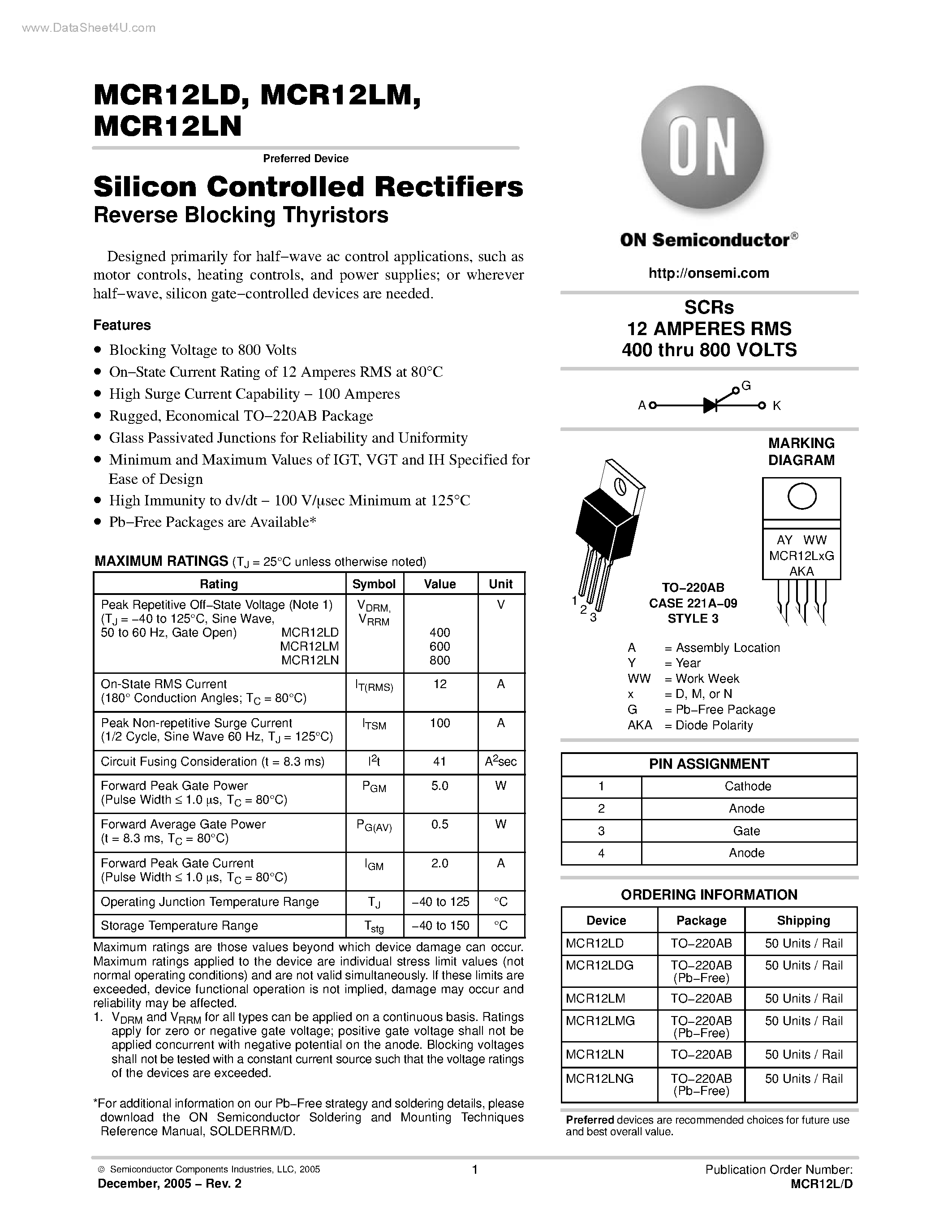 Даташит MCR12L - Silicon Controlled Rectifiers Reverse Blocking Thyristors страница 1