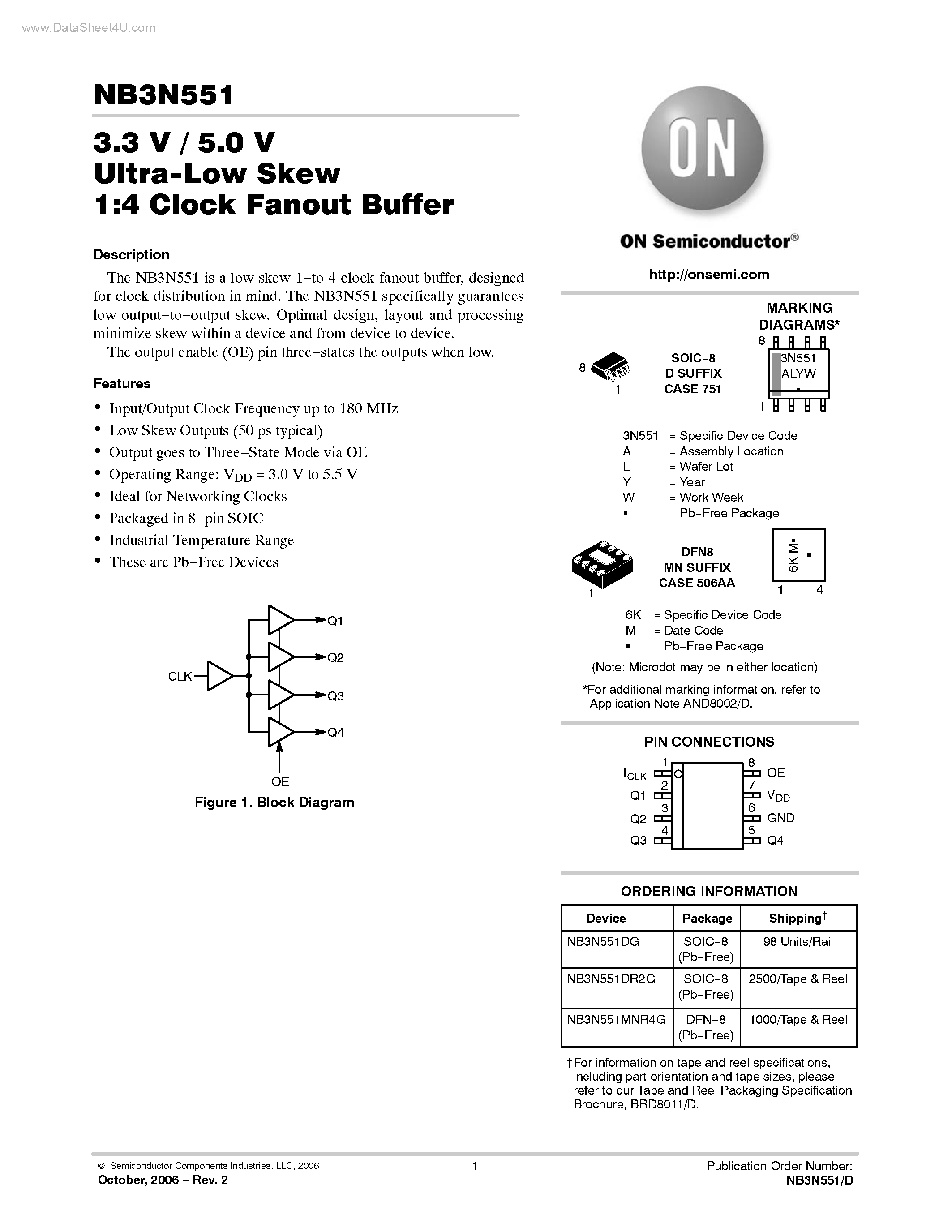 Даташит NB3N551 - Ultra-Low Skew 1:4 Clock Fanout Buffer страница 1