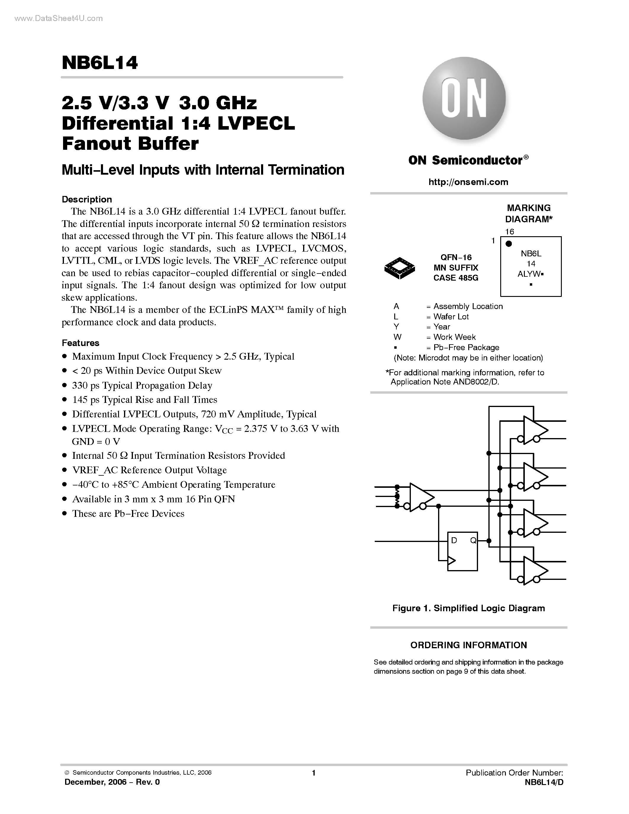 Даташит NB6L14 - Differential 1:4 LVPECL Fanout Buffer страница 1