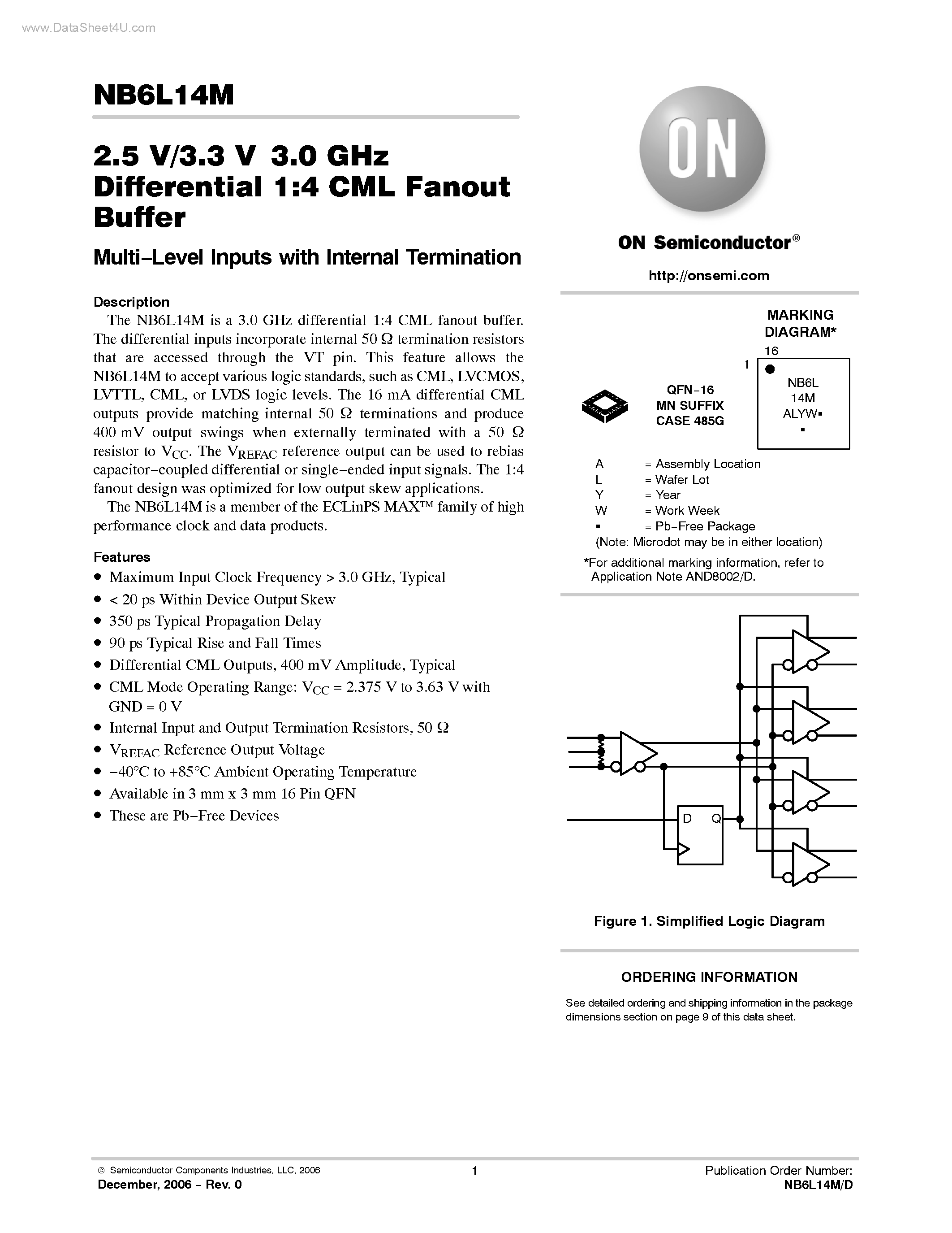 Даташит NB6L14M - Differential 1:4 CML Fanout Buffer страница 1