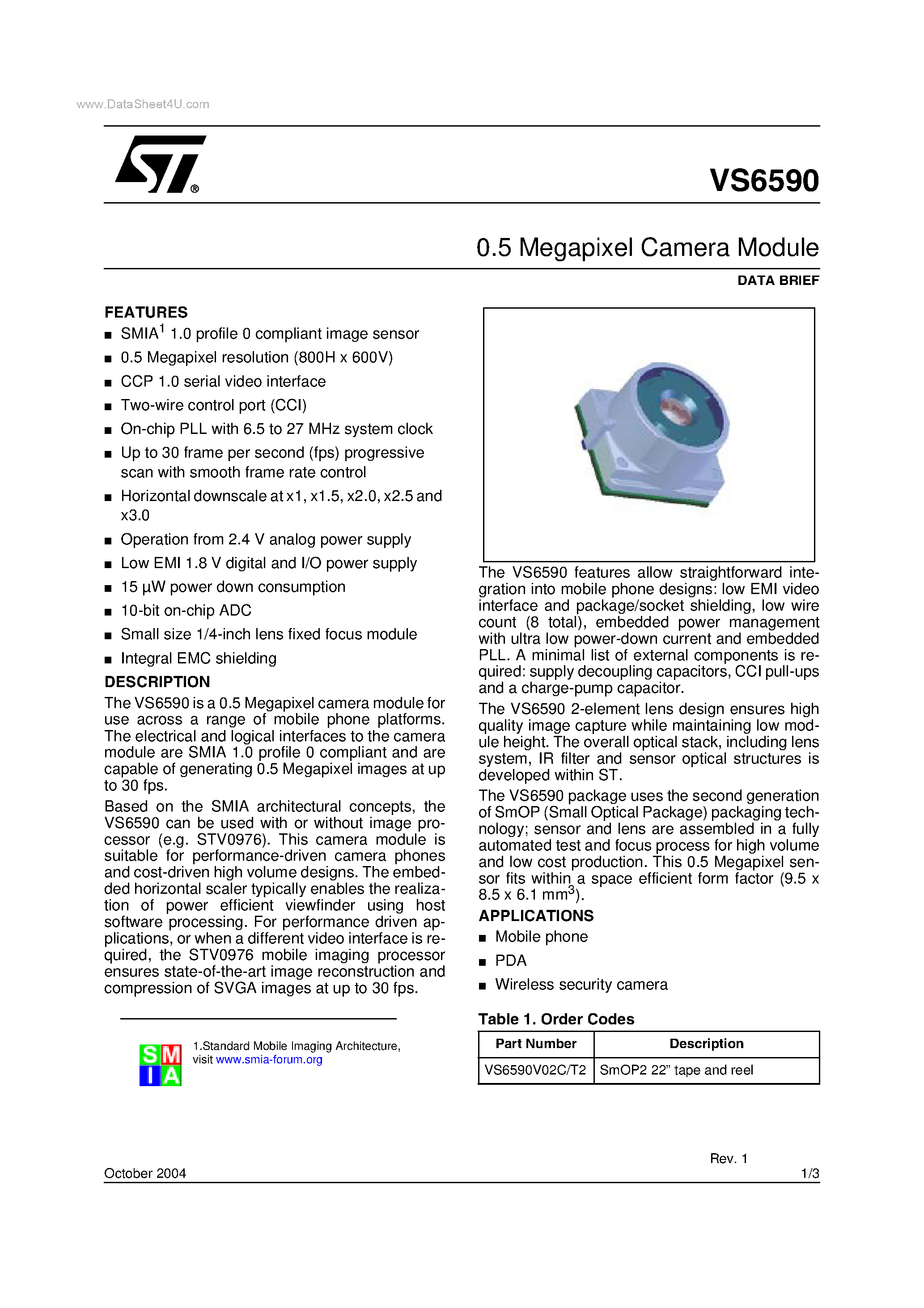 Даташит VS6590 - 0.5 Megapixel Camera Module страница 1