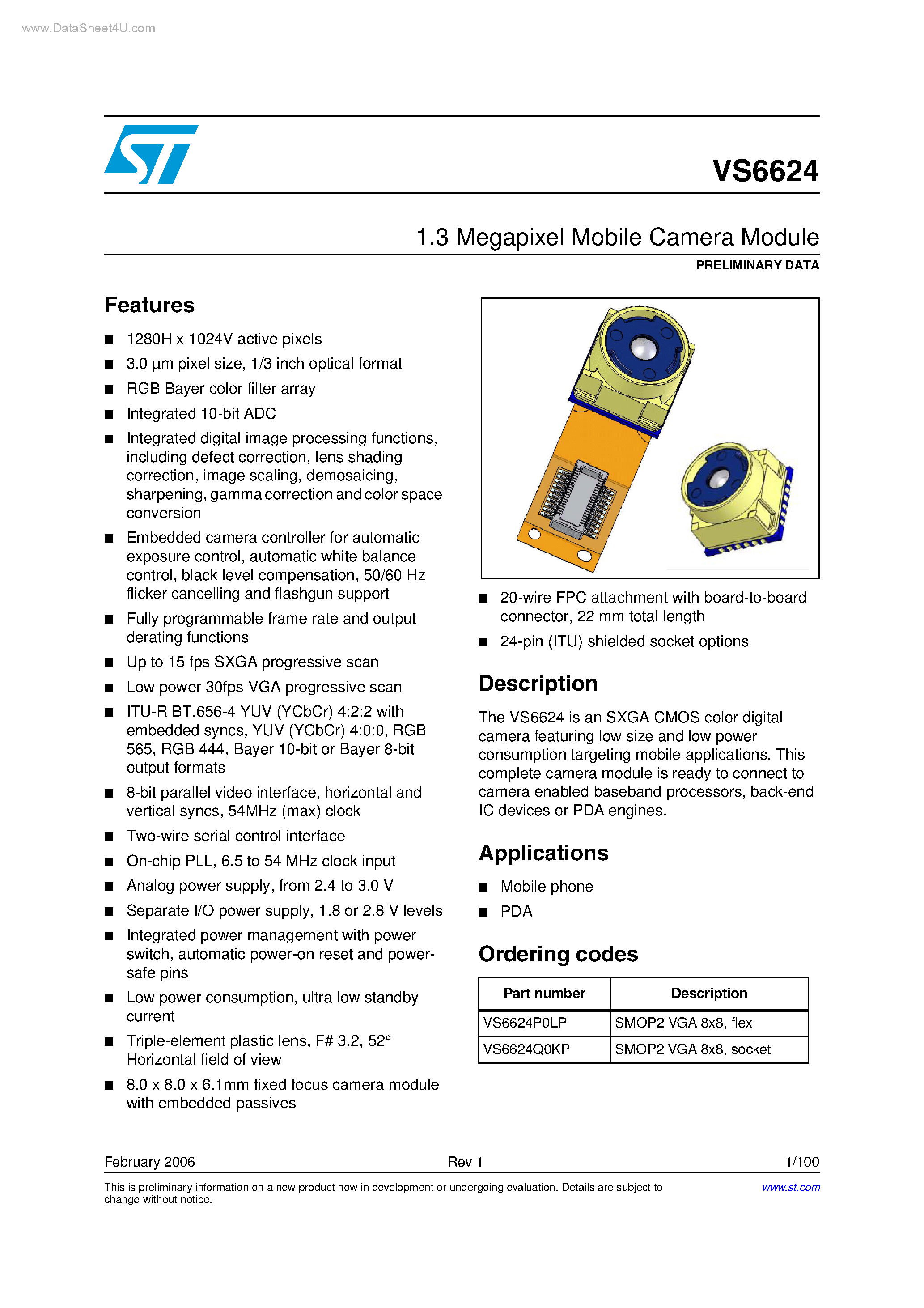 Даташит VS6624 - 1.3 Megapixel Mobile Camera Module страница 1