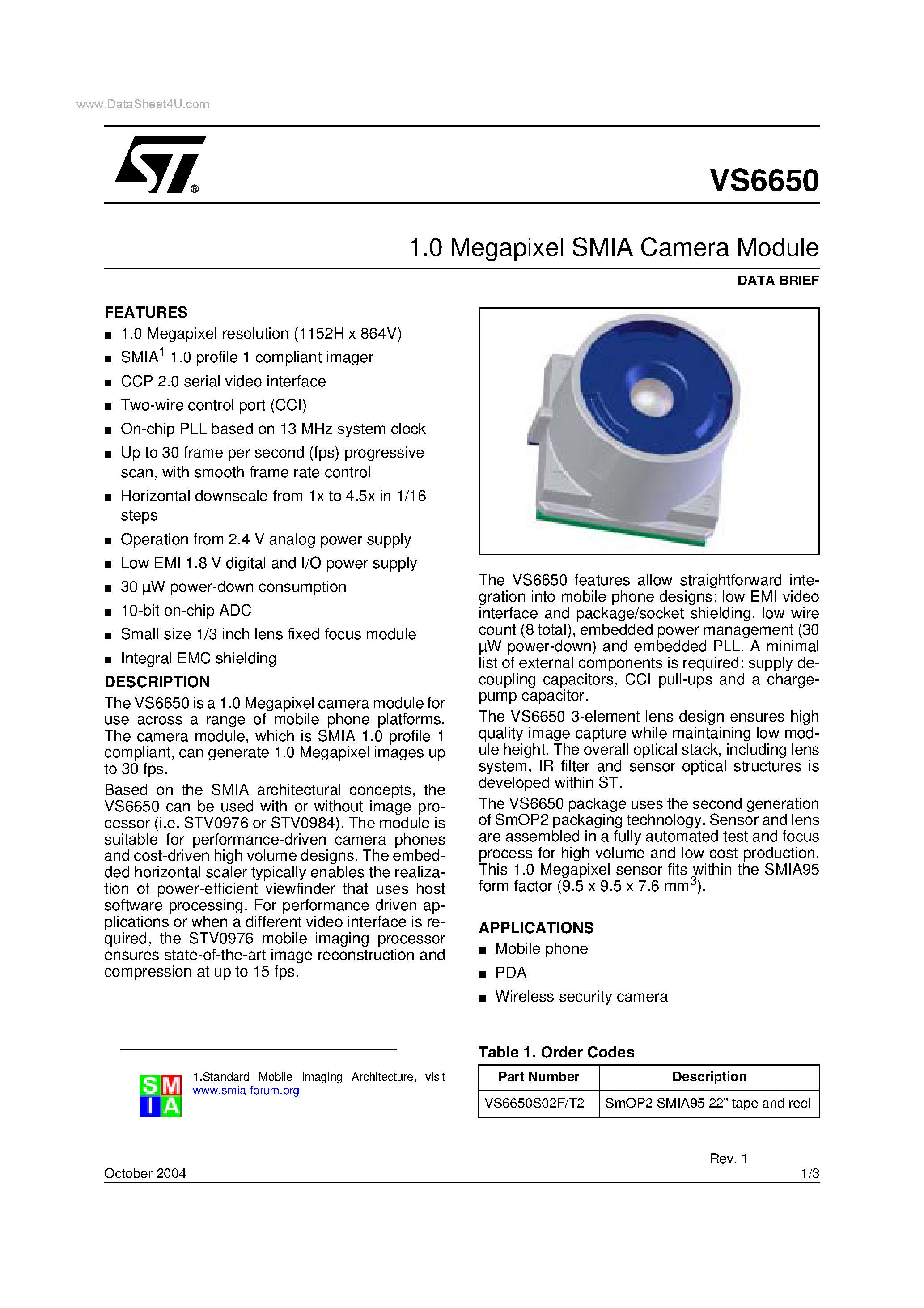 Даташит VS6650 - 1.0 Megapixel SMIA Camera Module страница 1