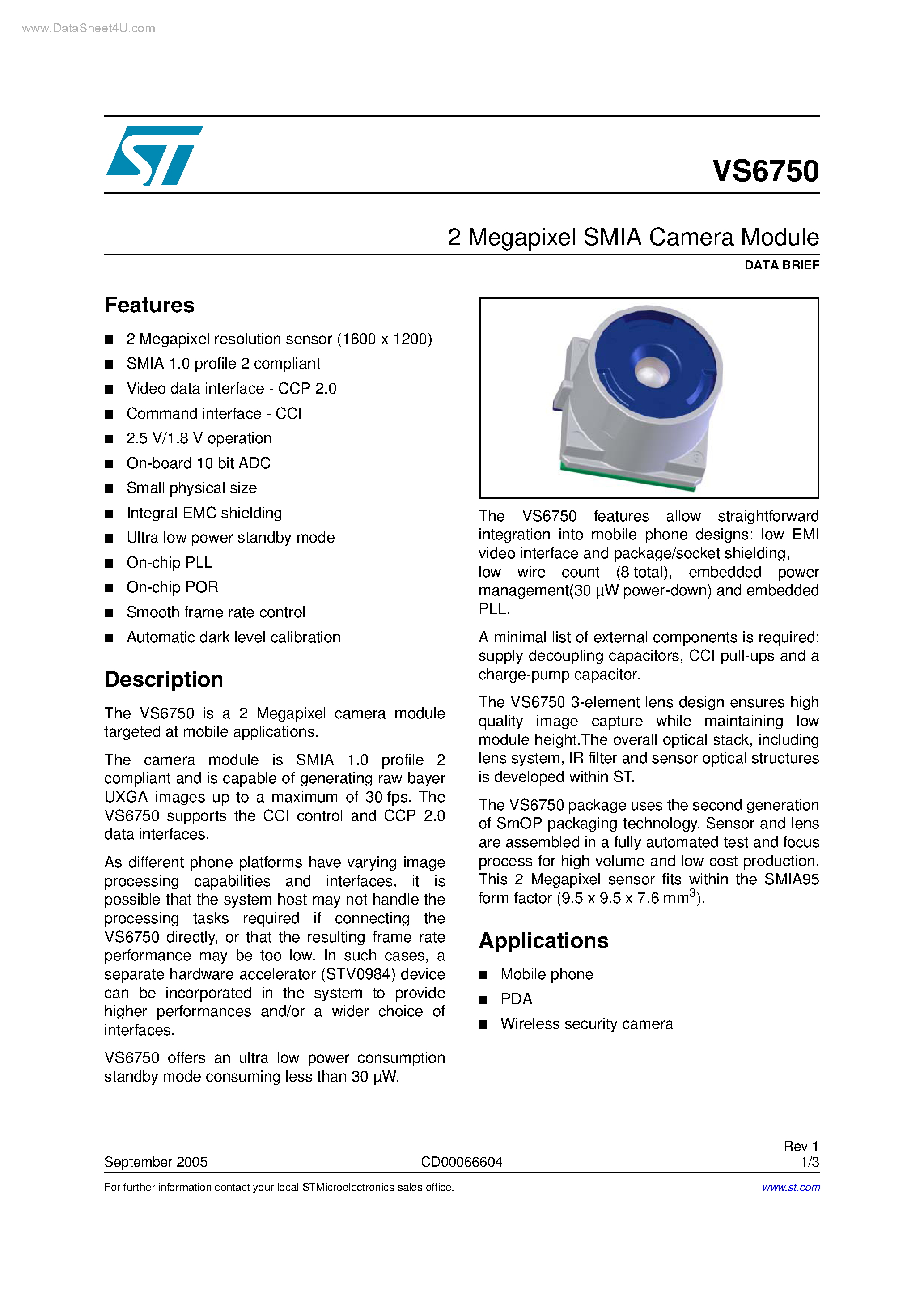 Даташит VS6750 - 2 Megapixel SMIA Camera Module страница 1