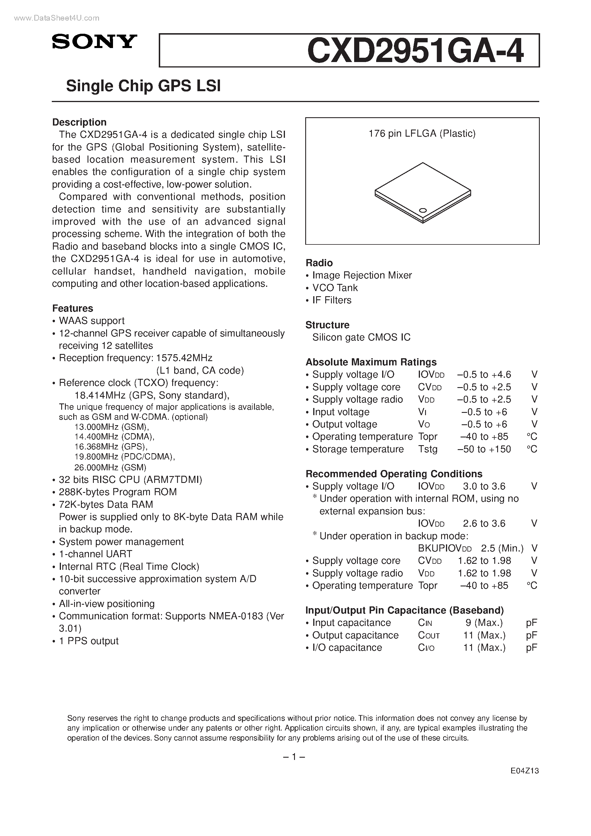 Даташит CXD2951GA-4 - Single Chip GPS LSI страница 1