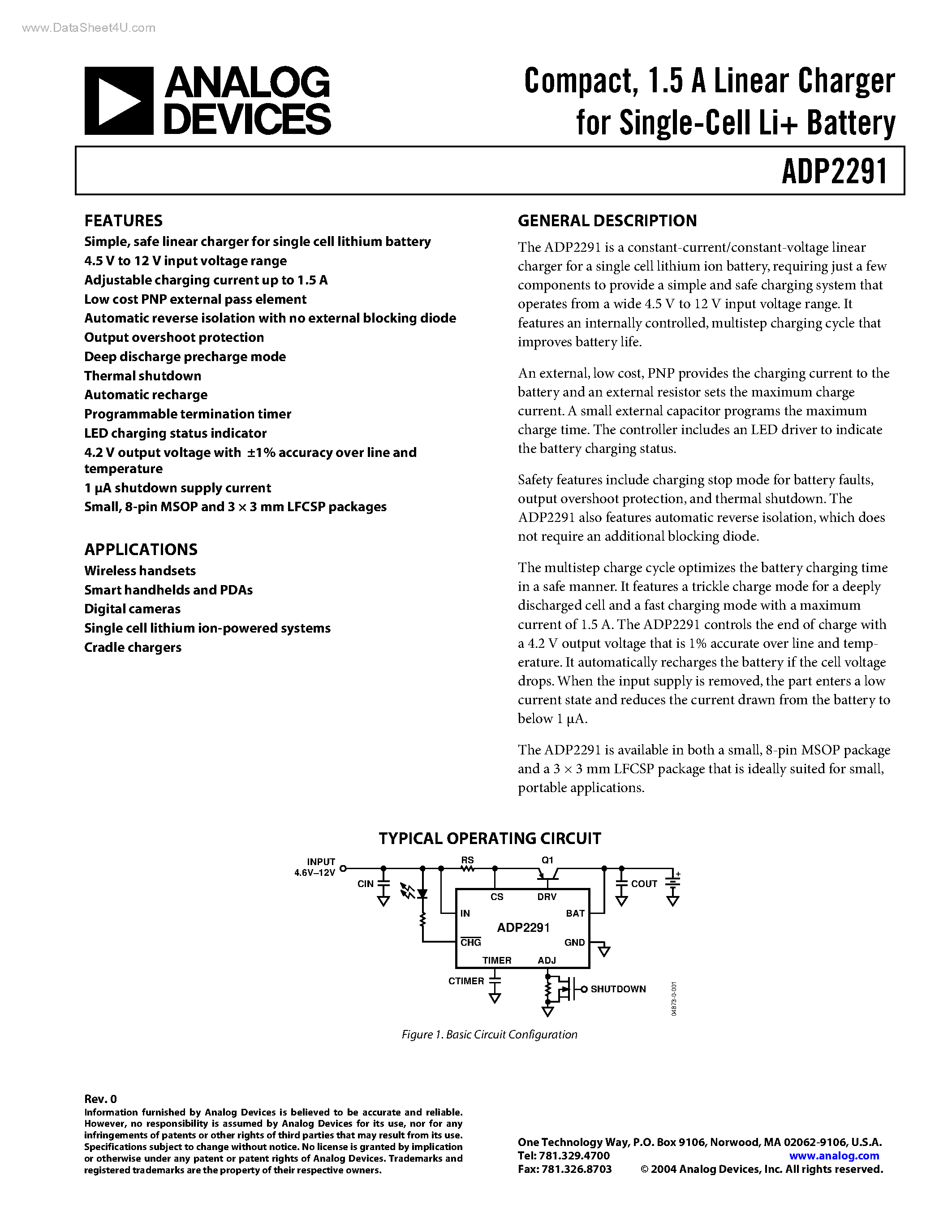 Даташит ADP2291 - Linear Charger страница 1