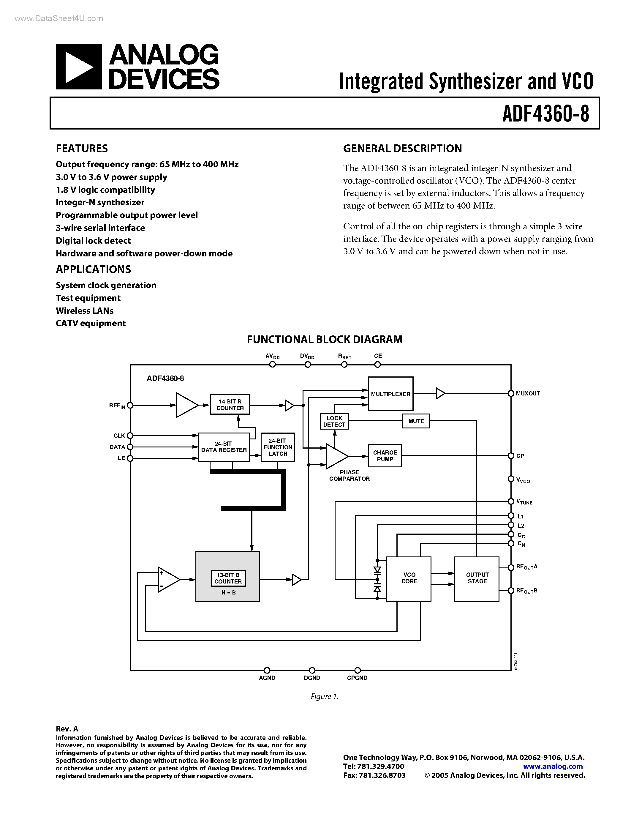 Datasheet ADF4360-8 - Integrated Synthesizer and VCO page 1