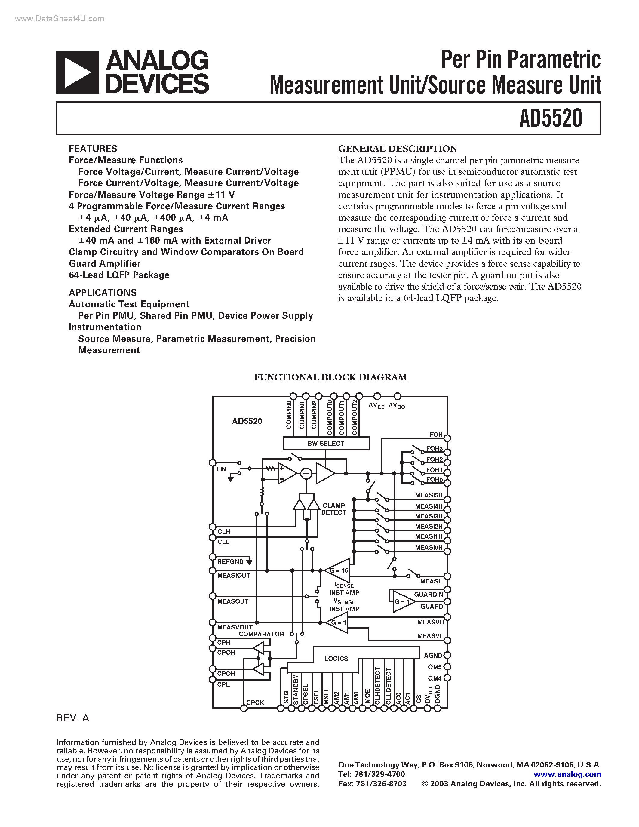 Datasheet AD5520 - Per Pin Parametric Measurement Unit/Source Measure Unit page 1