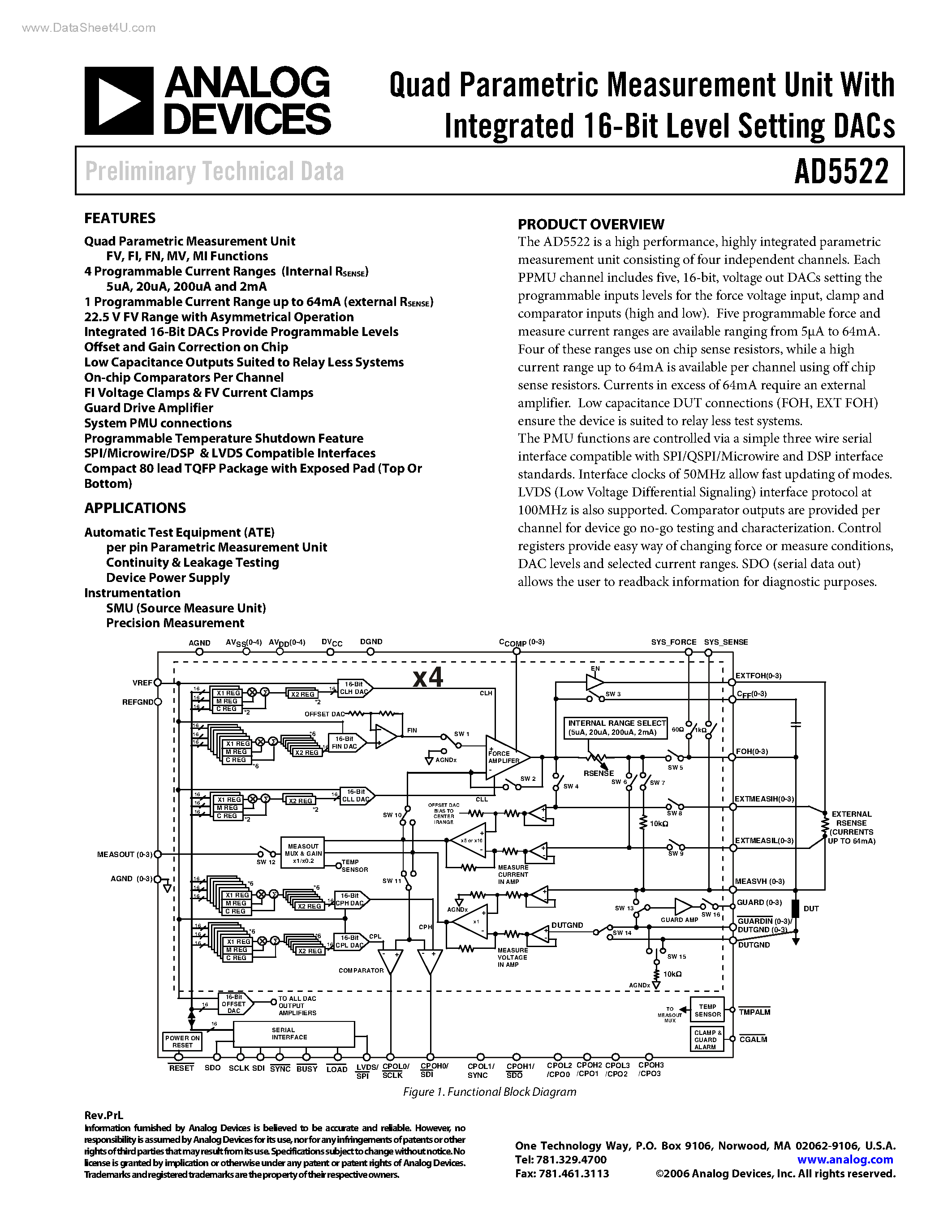 Datasheet AD5522 - Quad Parametric Measurement Unit page 1