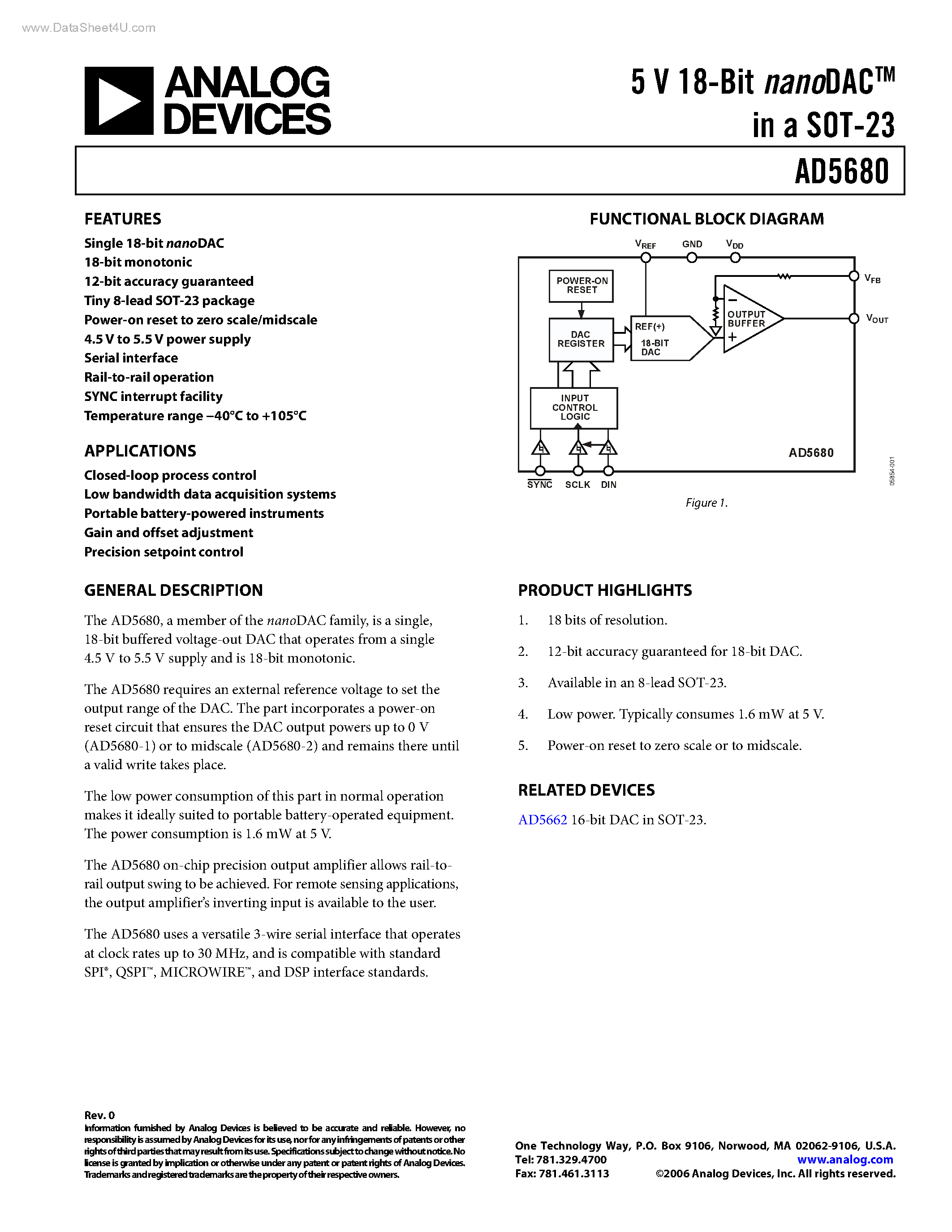 Datasheet AD5680 - 5 V 18-Bit nanoDAC page 1