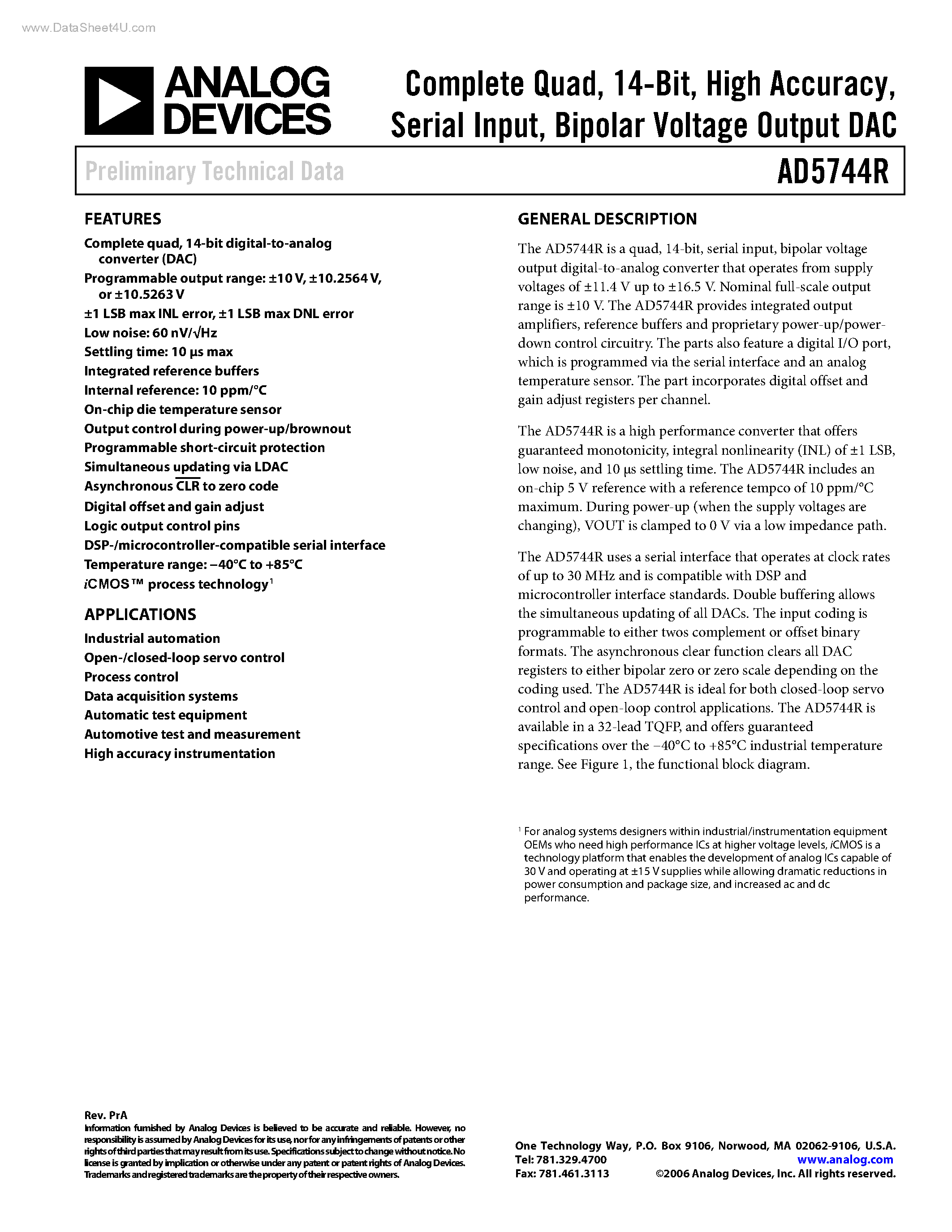 Datasheet AD5744R - Bipolar Voltage Output DAC page 1