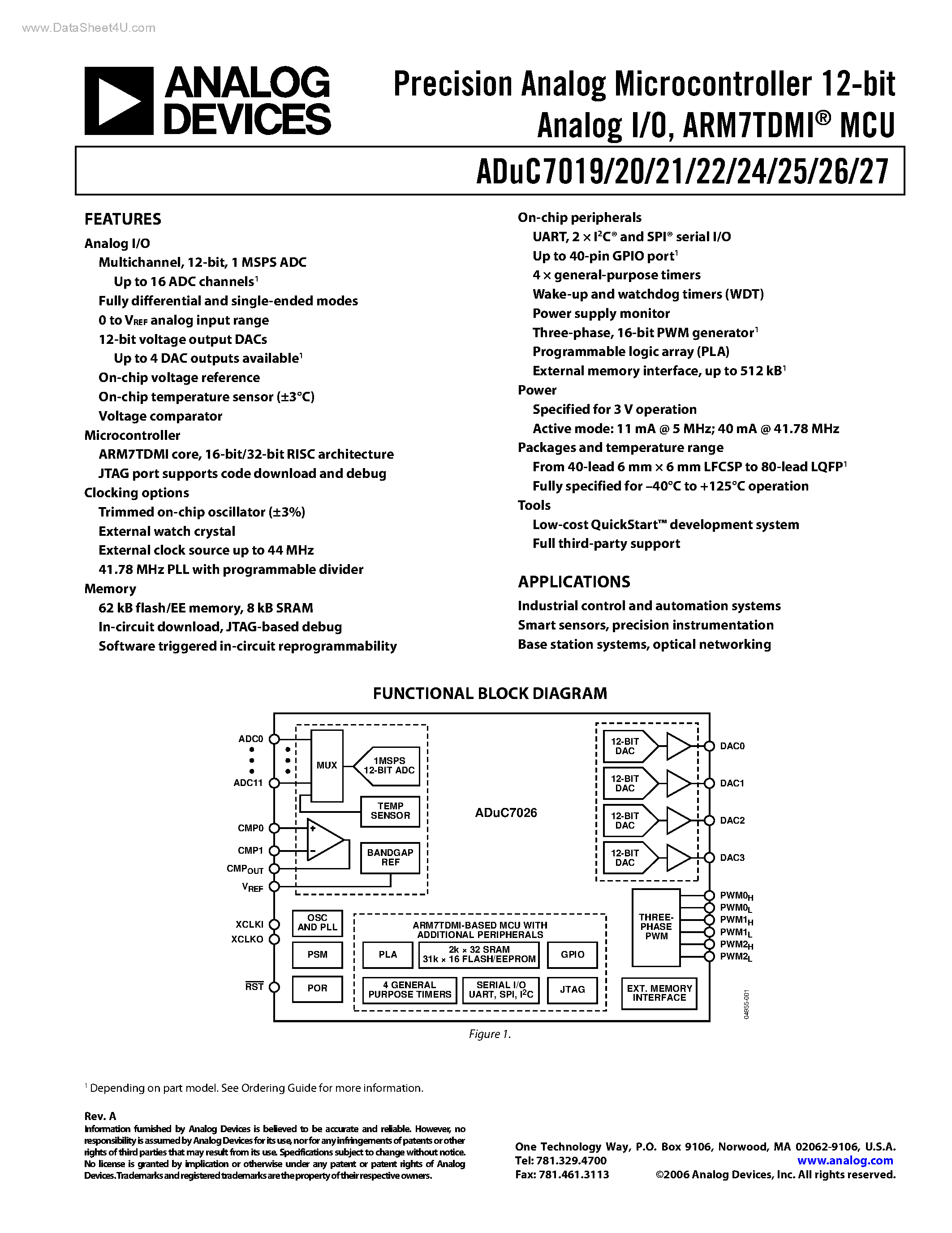 Даташит ADUC7019 - (ADUC7019 - ADUC7027) Precision Analog Microcontroller 12-bit Analog I/O страница 1