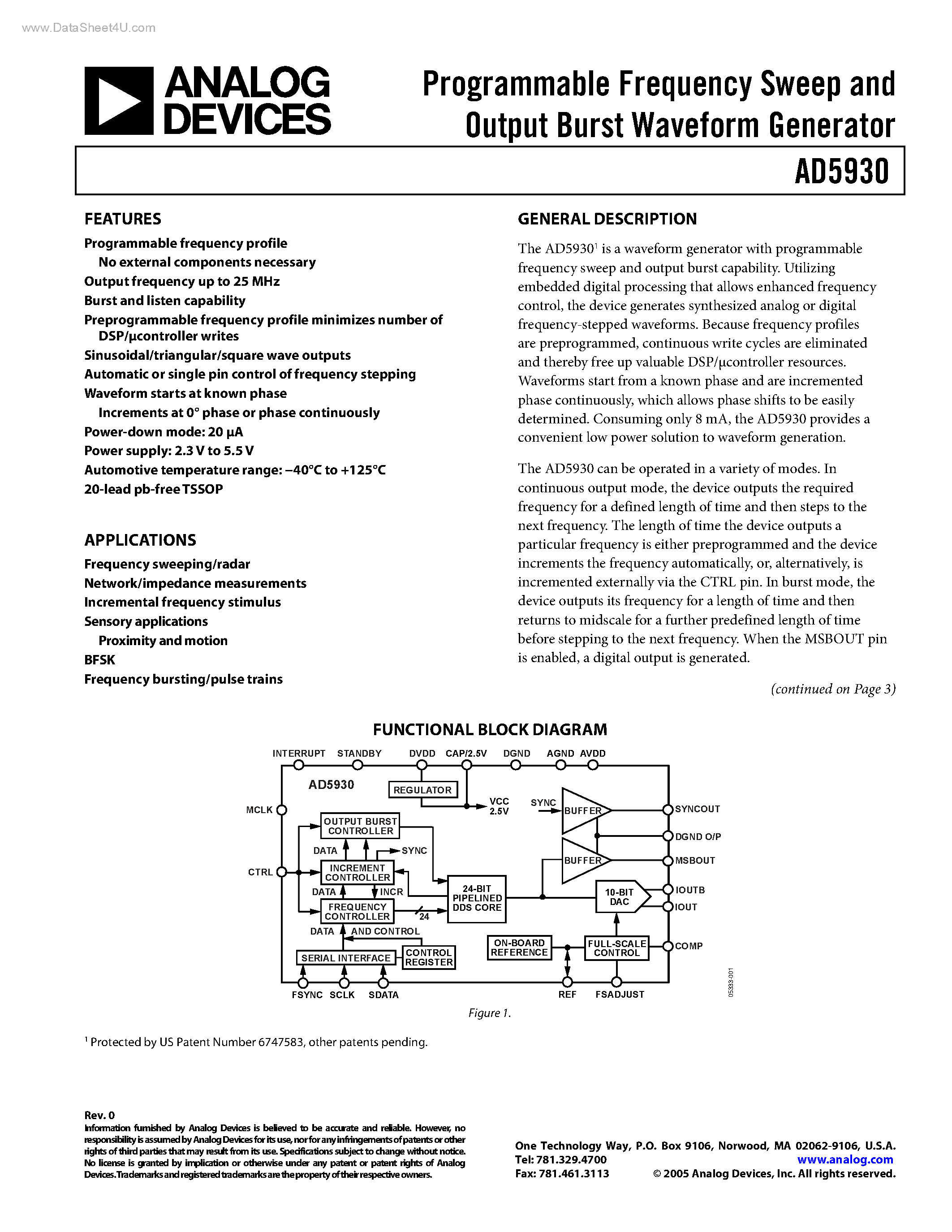 Даташит AD5930 - Programmable Frequency Sweep and Output Burst Waveform Generator страница 1