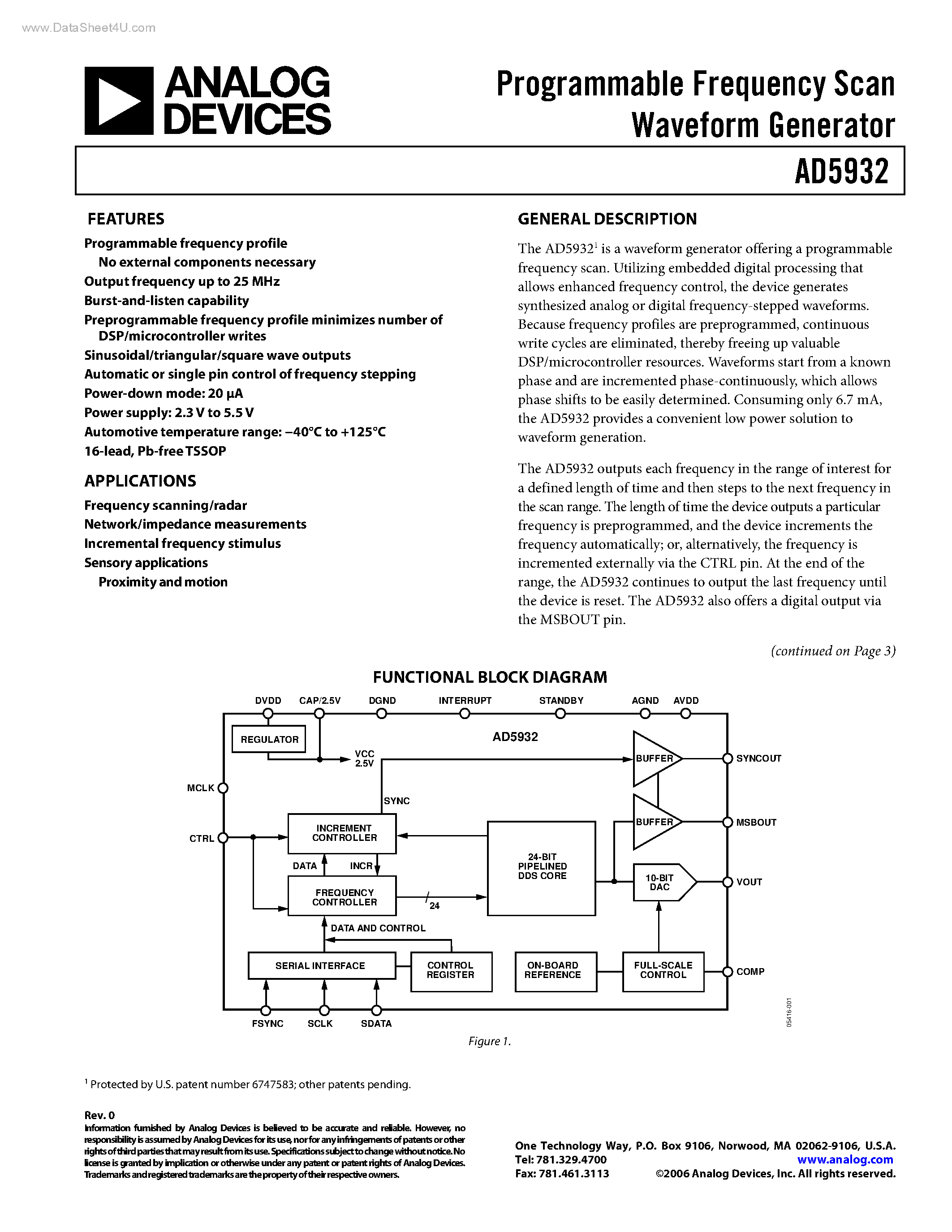 Даташит AD5932 - Programmable Frequency Scan Waveform Generator страница 1