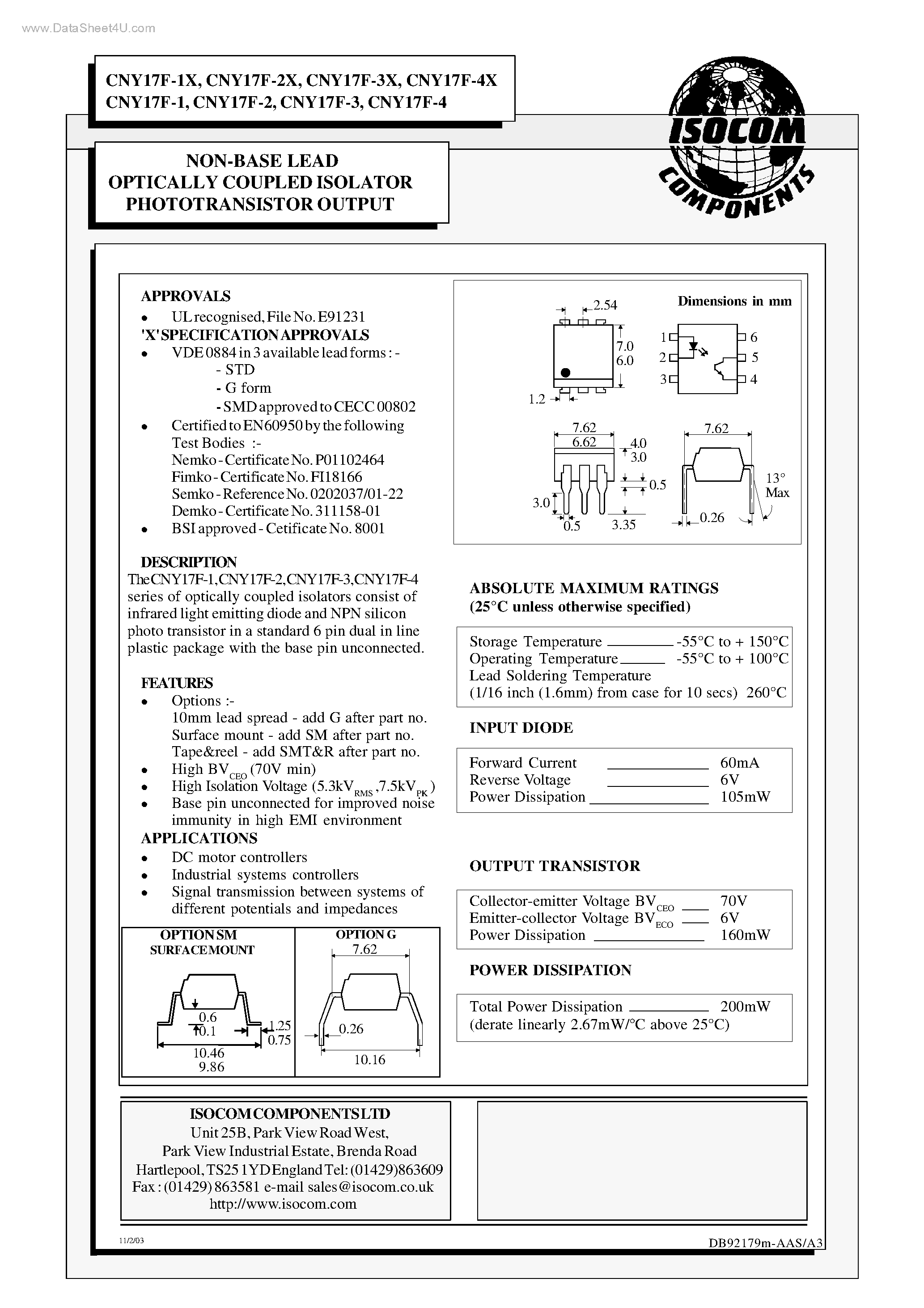 Даташит CNY17F-1 - (CNY17F-xx) NON-BASE LEAD OPTICALLY COUPLED ISOLATOR PHOTOTRANSISTOR OUTPUT страница 1