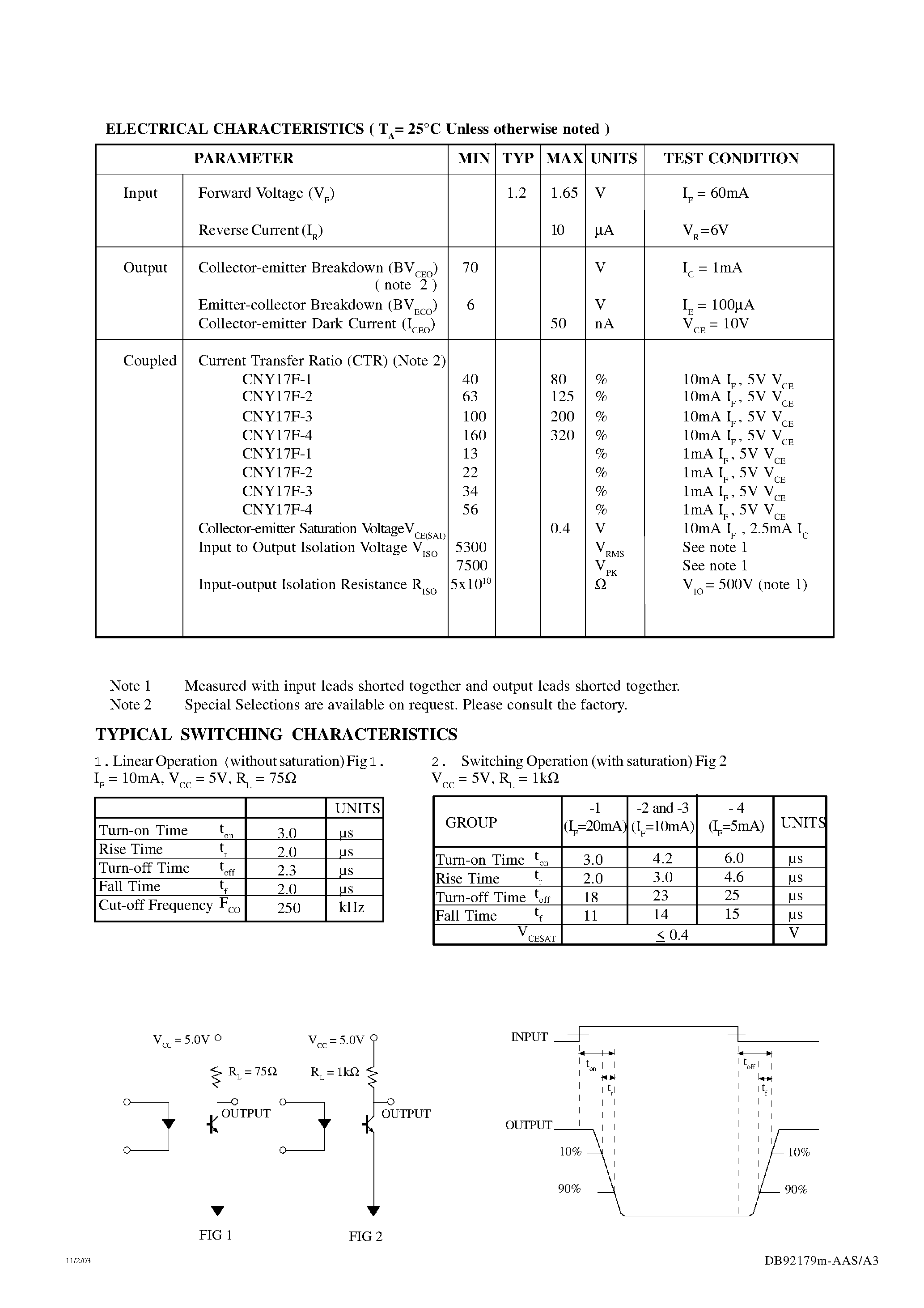 Даташит CNY17F-1 - (CNY17F-xx) NON-BASE LEAD OPTICALLY COUPLED ISOLATOR PHOTOTRANSISTOR OUTPUT страница 2