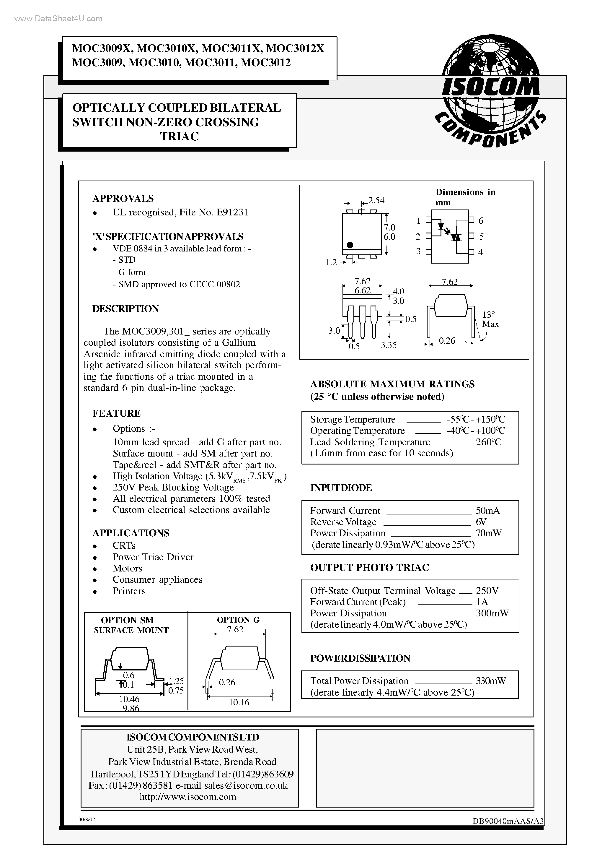 Datasheet MOC3009 - (MOC3009X - MOC3012X) OPTICALLY COUPLED BILATERAL SWITCH NON-ZERO CROSSING TRIAC page 1