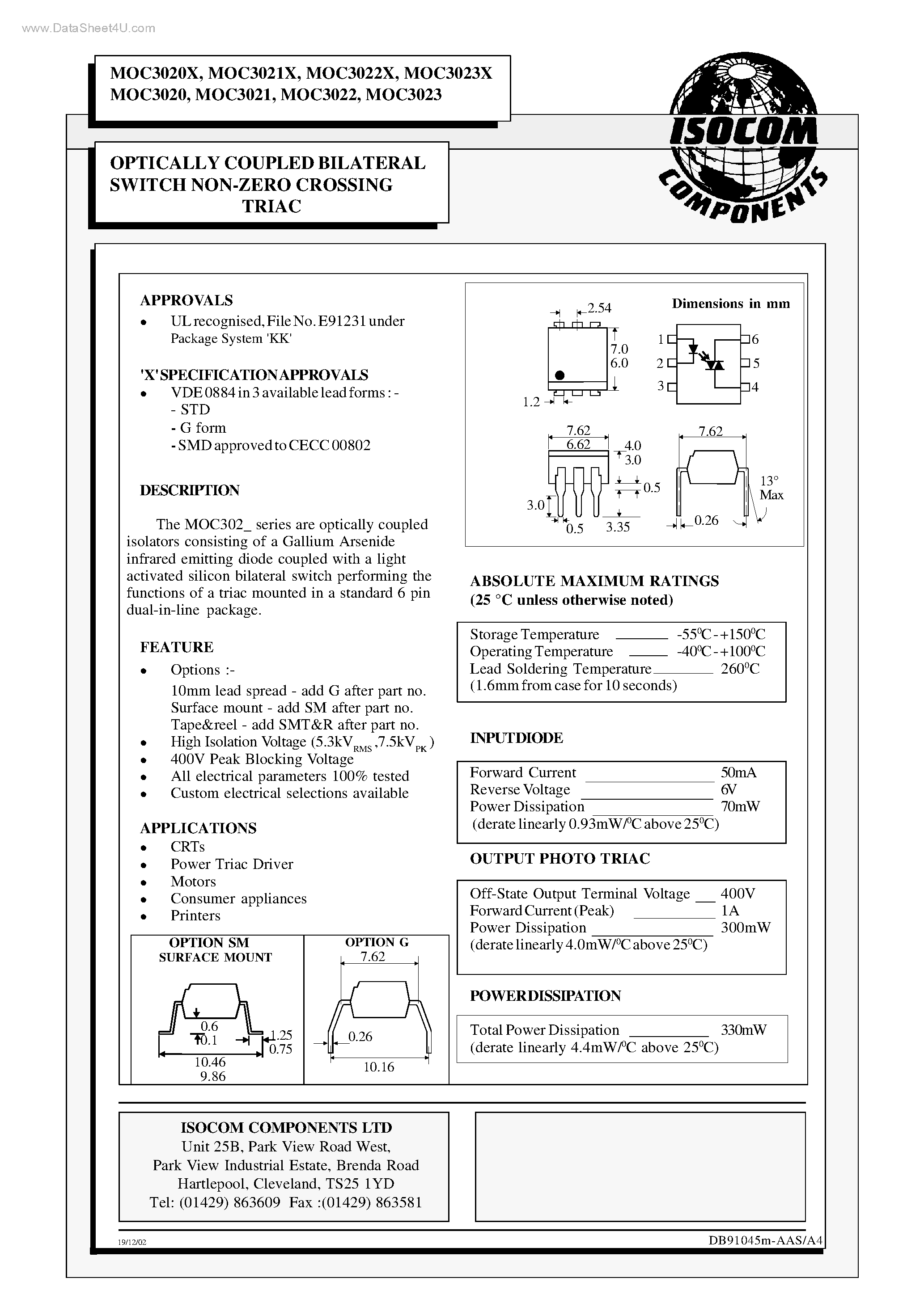 Даташит MOC3020 - (MOC3020X - MOC3023X) OPTICALLY COUPLED BILATERAL SWITCH NON-ZERO CROSSING TRIAC страница 1