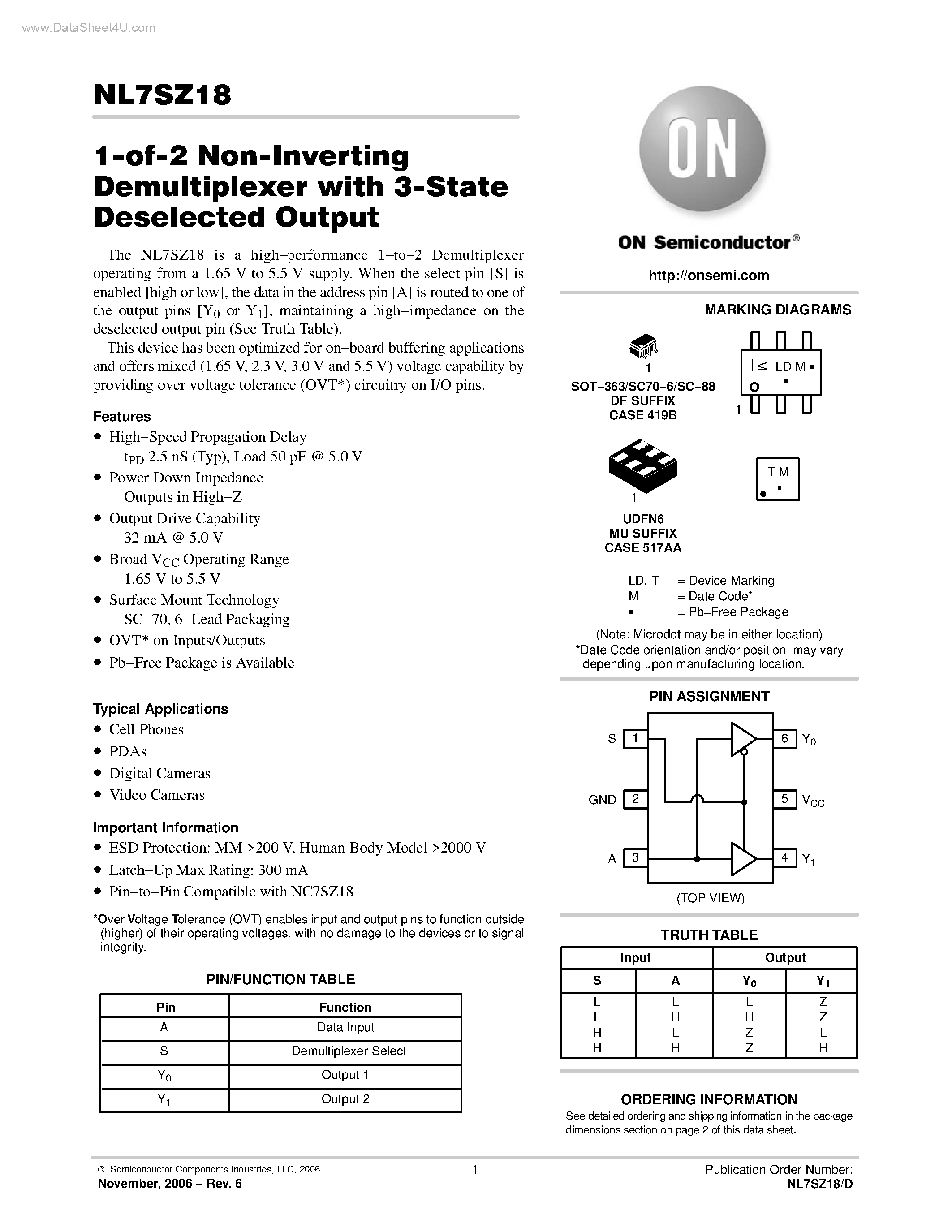 Даташит NL7SZ18 - 1-of-2 Non-Inverting Demultiplexer страница 1