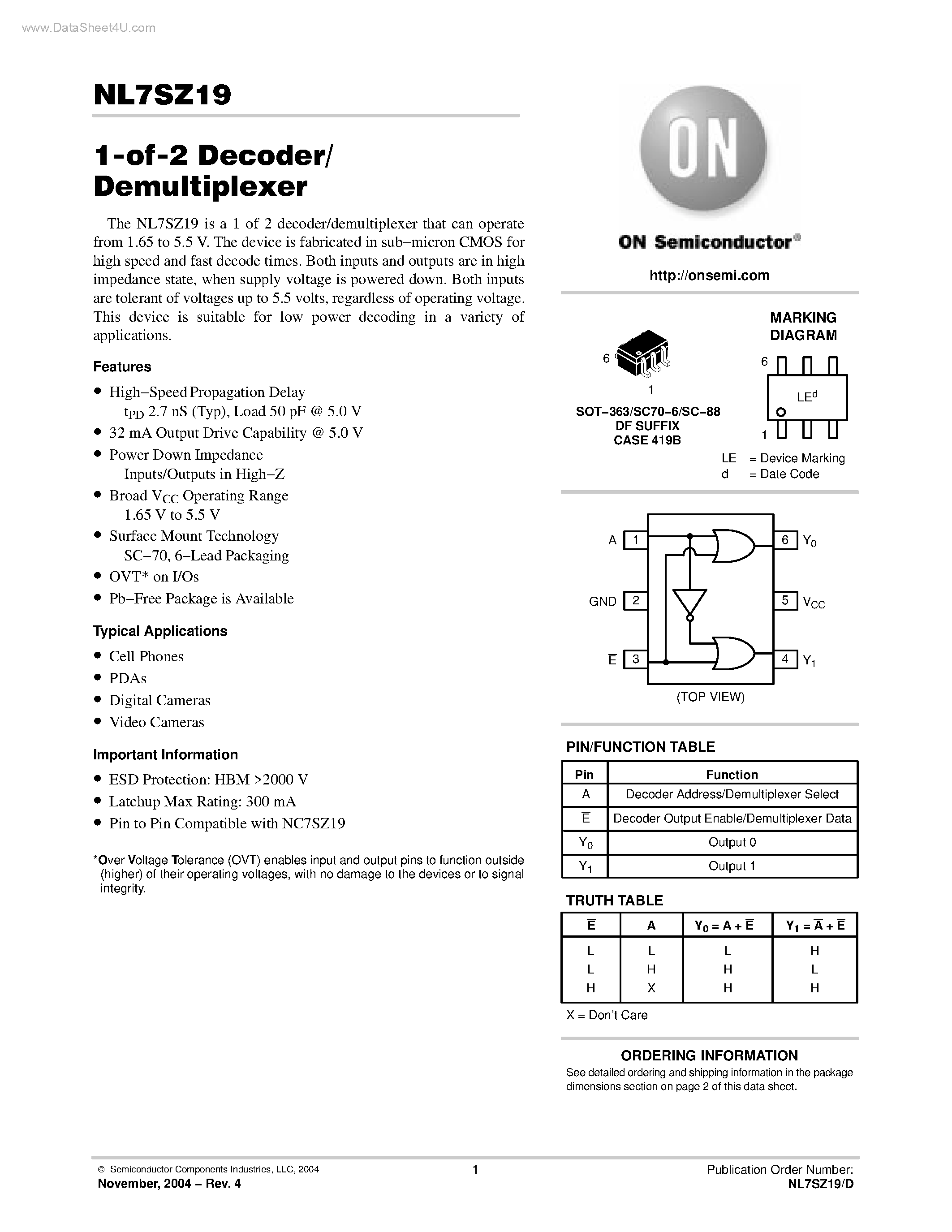 Даташит NL7SZ19 - 1-of-2 Decoder/ Demultiplexer страница 1