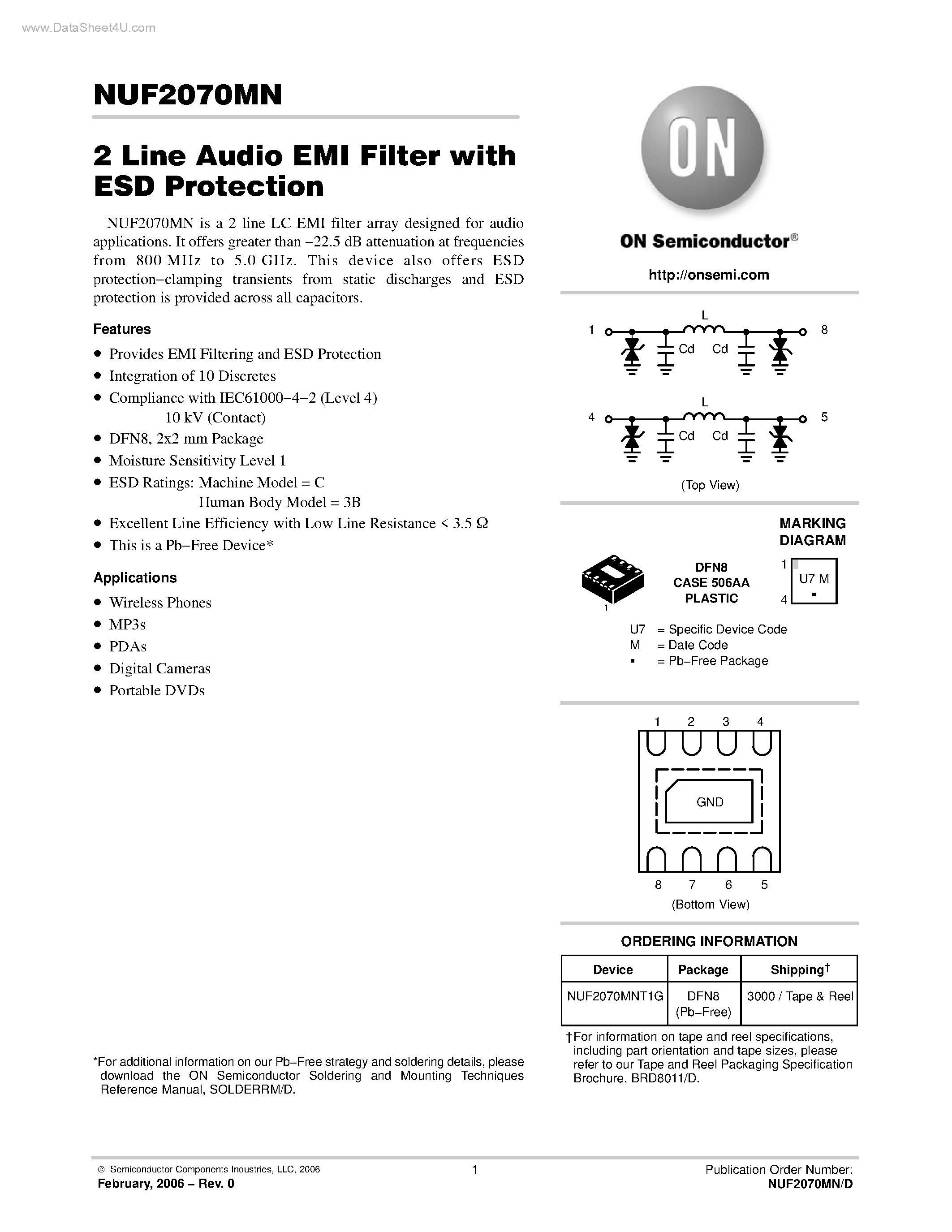 Даташит NUF2070MN - 2 Line Audio EMI Filter страница 1