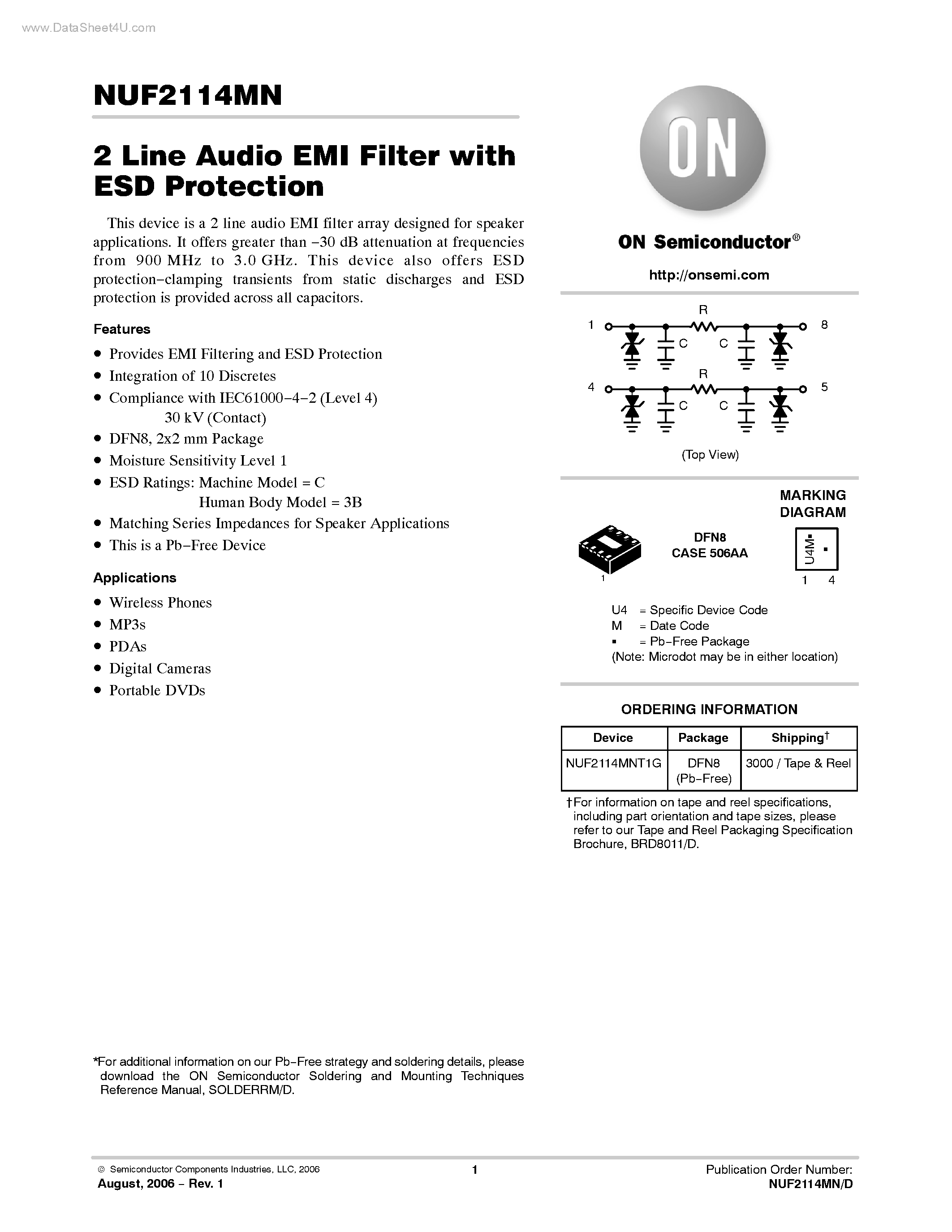 Даташит NUF2114MN - 2 Line Audio EMI Filter страница 1