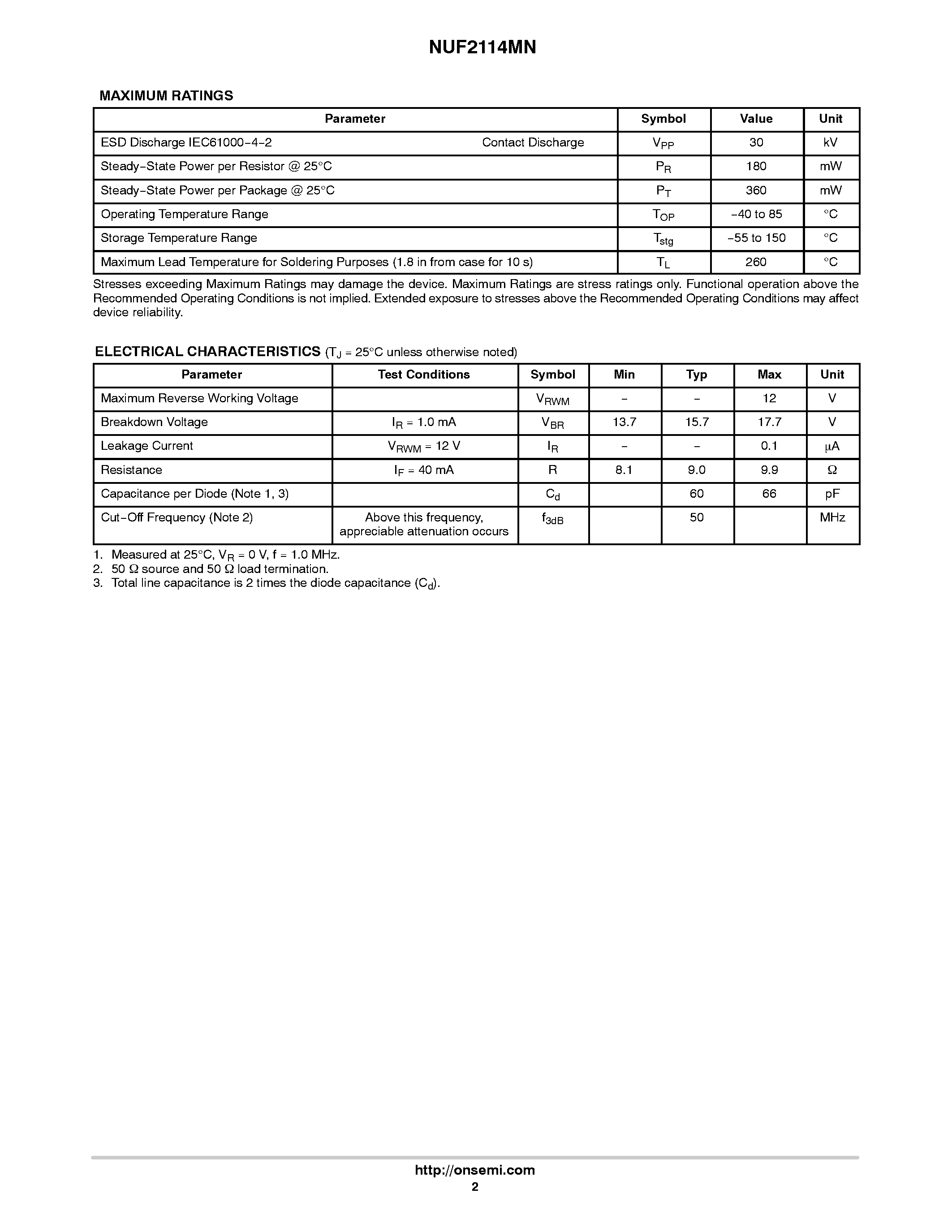 Даташит NUF2114MN - 2 Line Audio EMI Filter страница 2