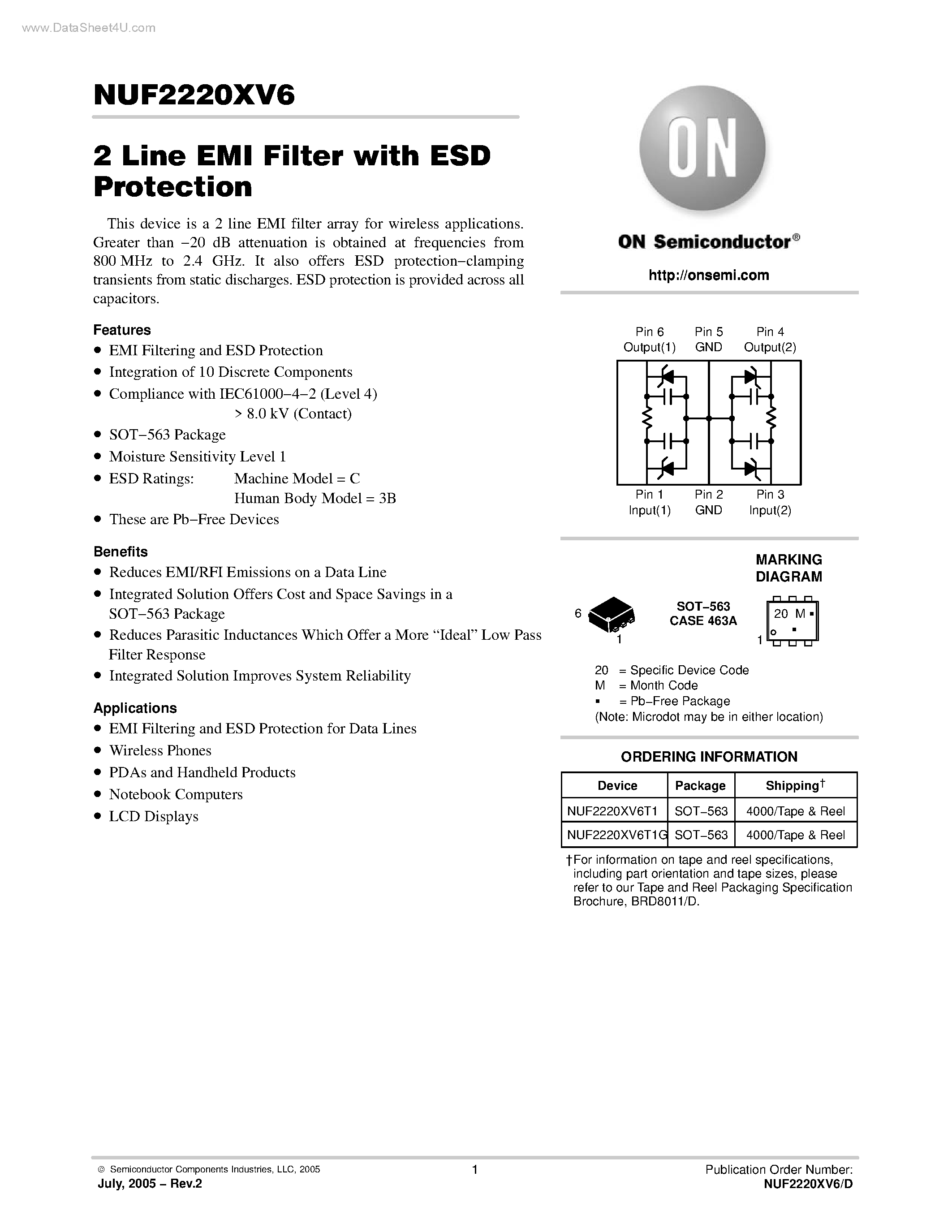 Даташит NUF2220XV6 - 2 Line EMI Filter страница 1