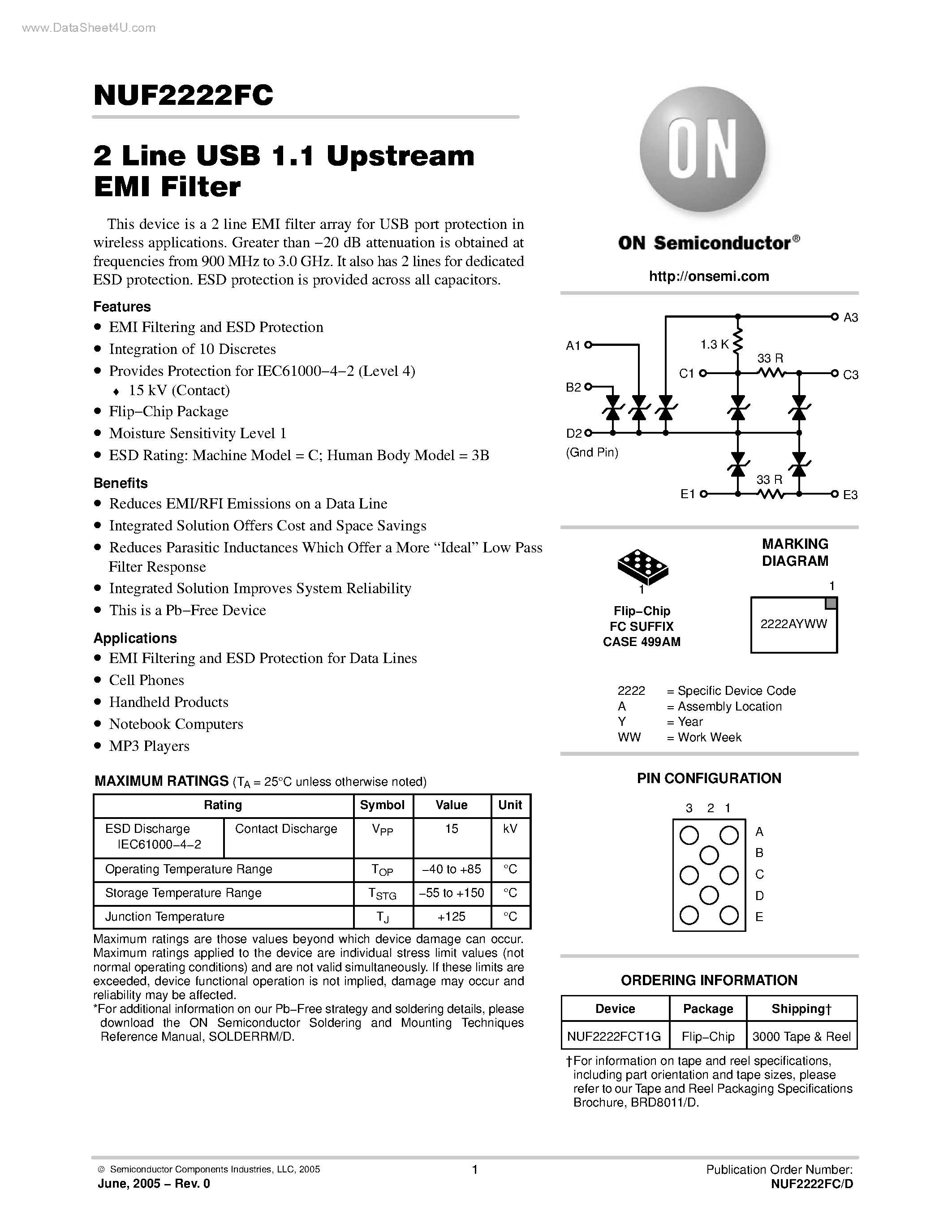 Даташит NUF2222FC - 2 Line USB 1.1 Upstream EMI Filter страница 1