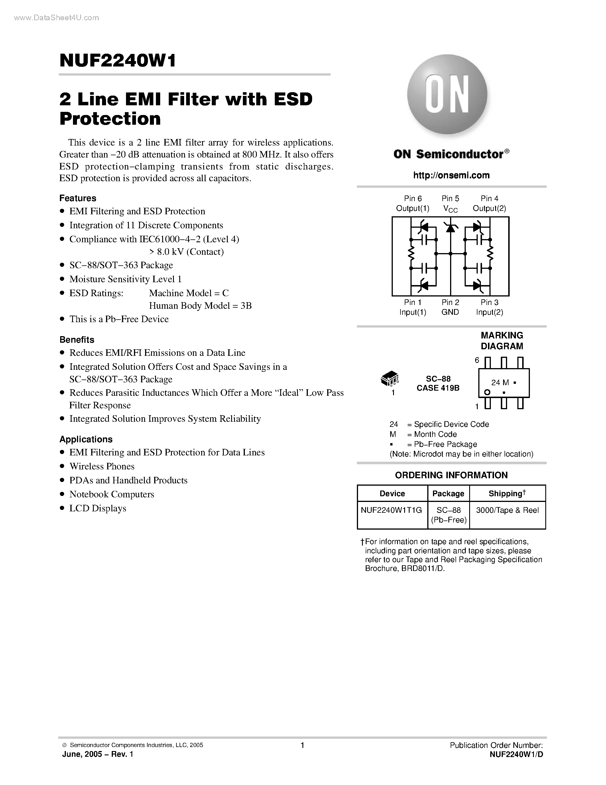 Даташит NUF2240W1 - 2 Line EMI Filter страница 1