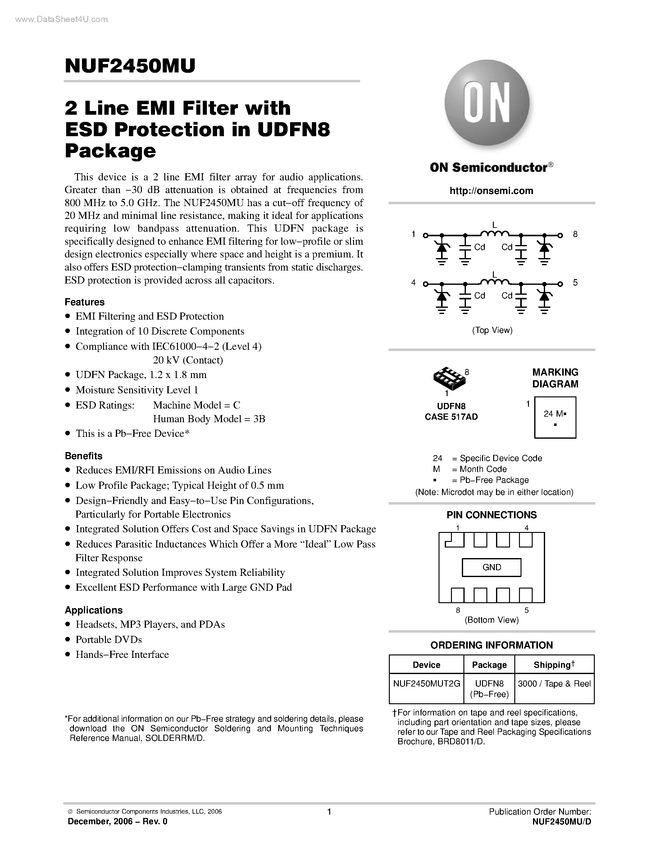 Даташит NUF2450MU - 2 Line EMI Filter страница 1