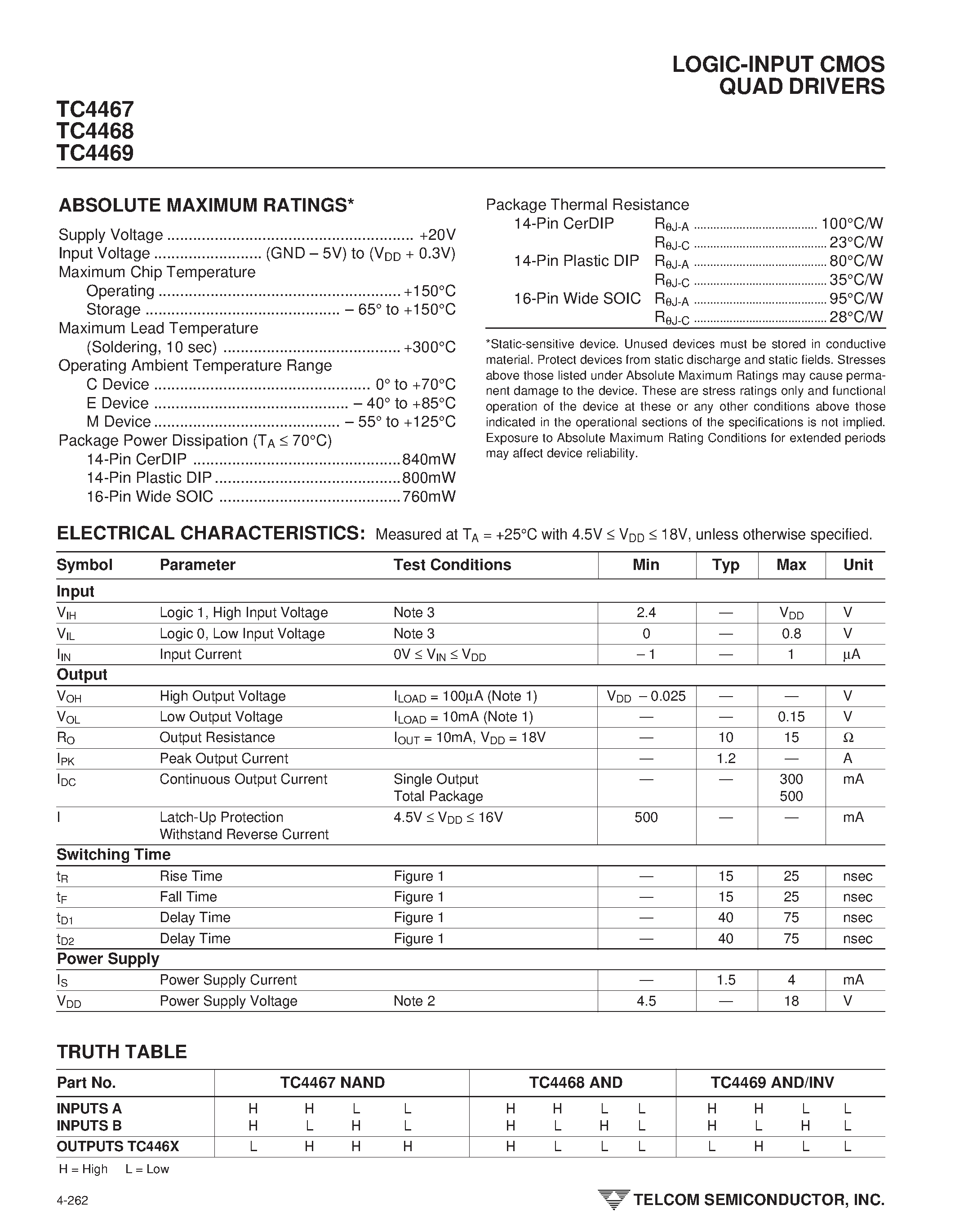 Даташит TC4467 - (TC4467 - TC4469) LOGIC-INPUT CMOS QUAD DRIVERS страница 2