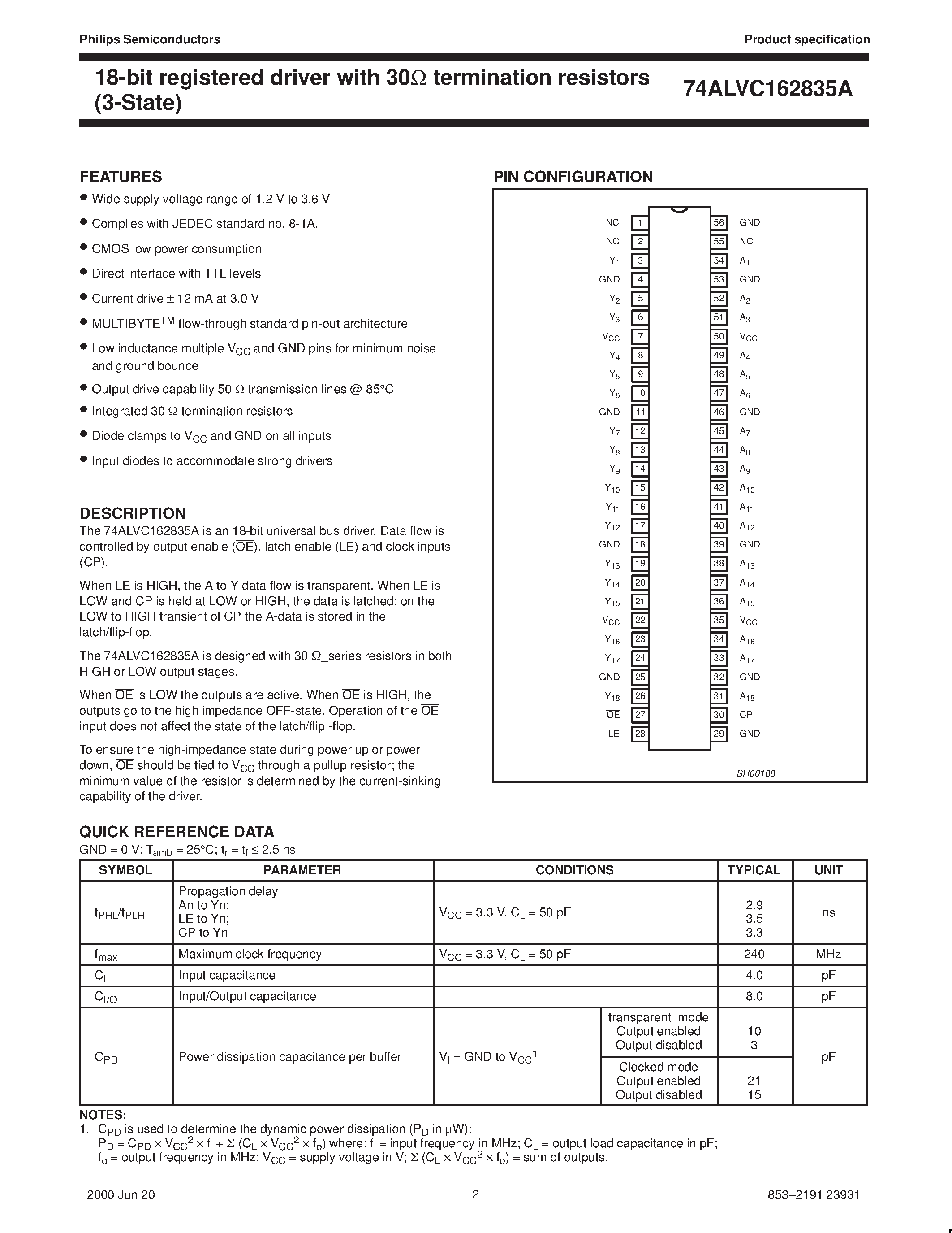 Даташит 74ALVC162835A - 18-bit registered driver страница 2