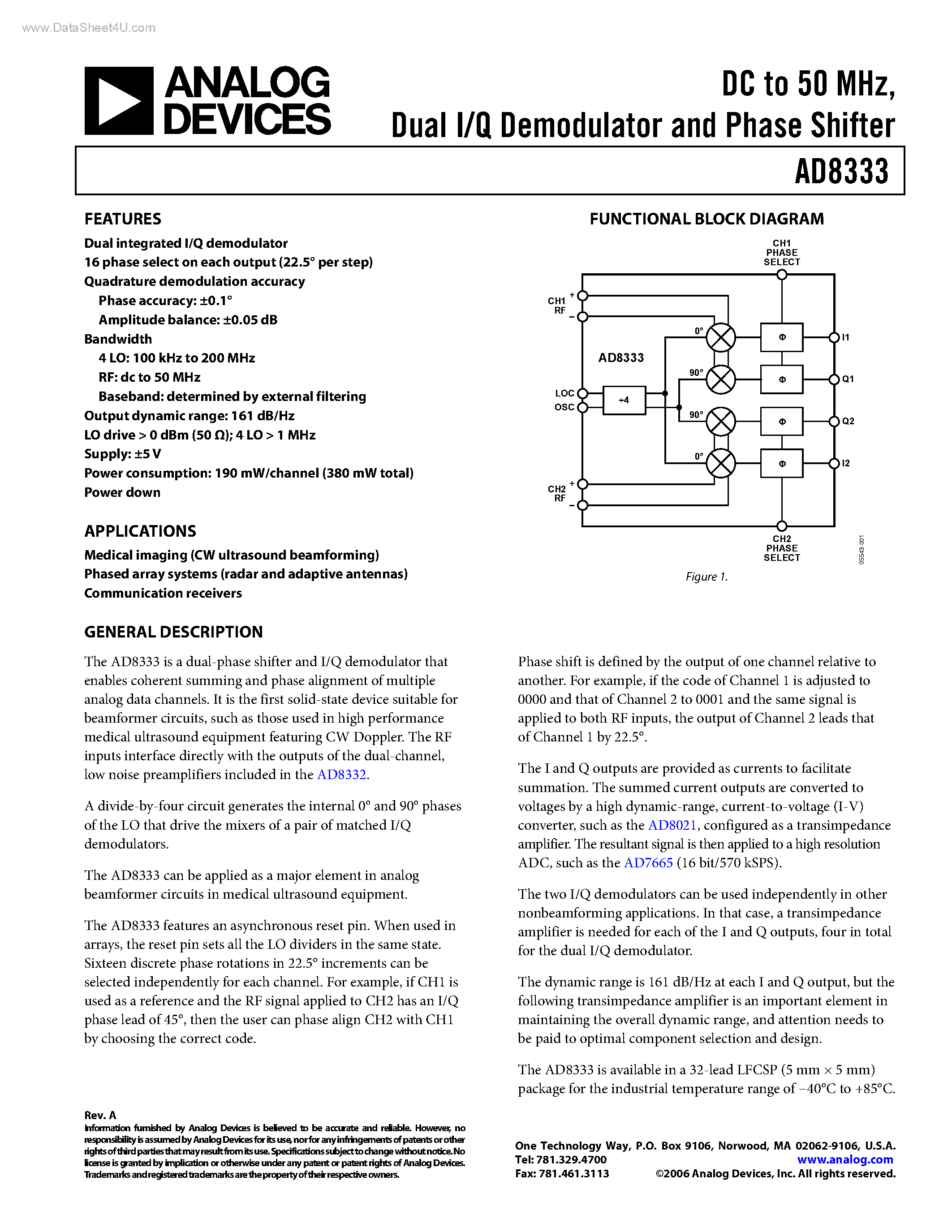 Даташит AD8333 - Dual I/Q Demodulator and Phase Shifter страница 1