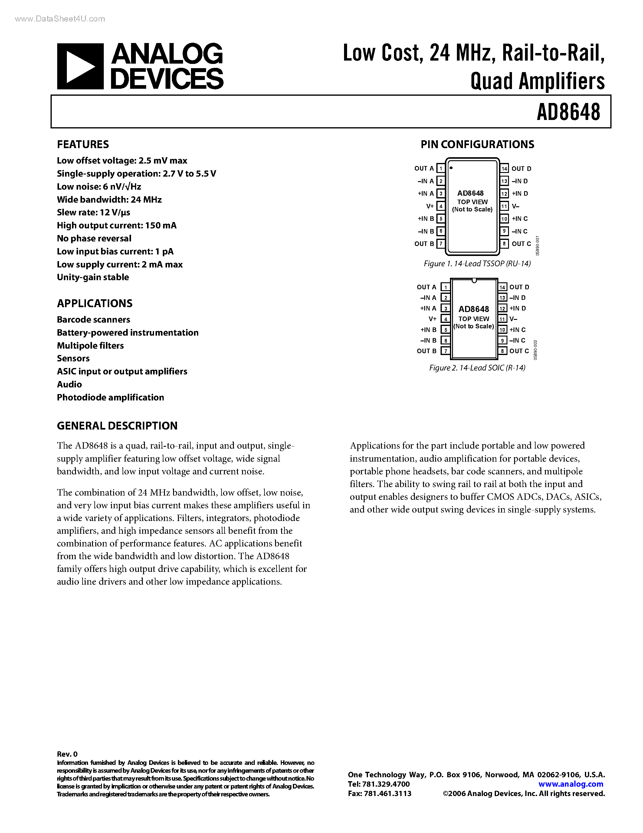 Даташит AD8648 - Quad Amplifiers страница 1