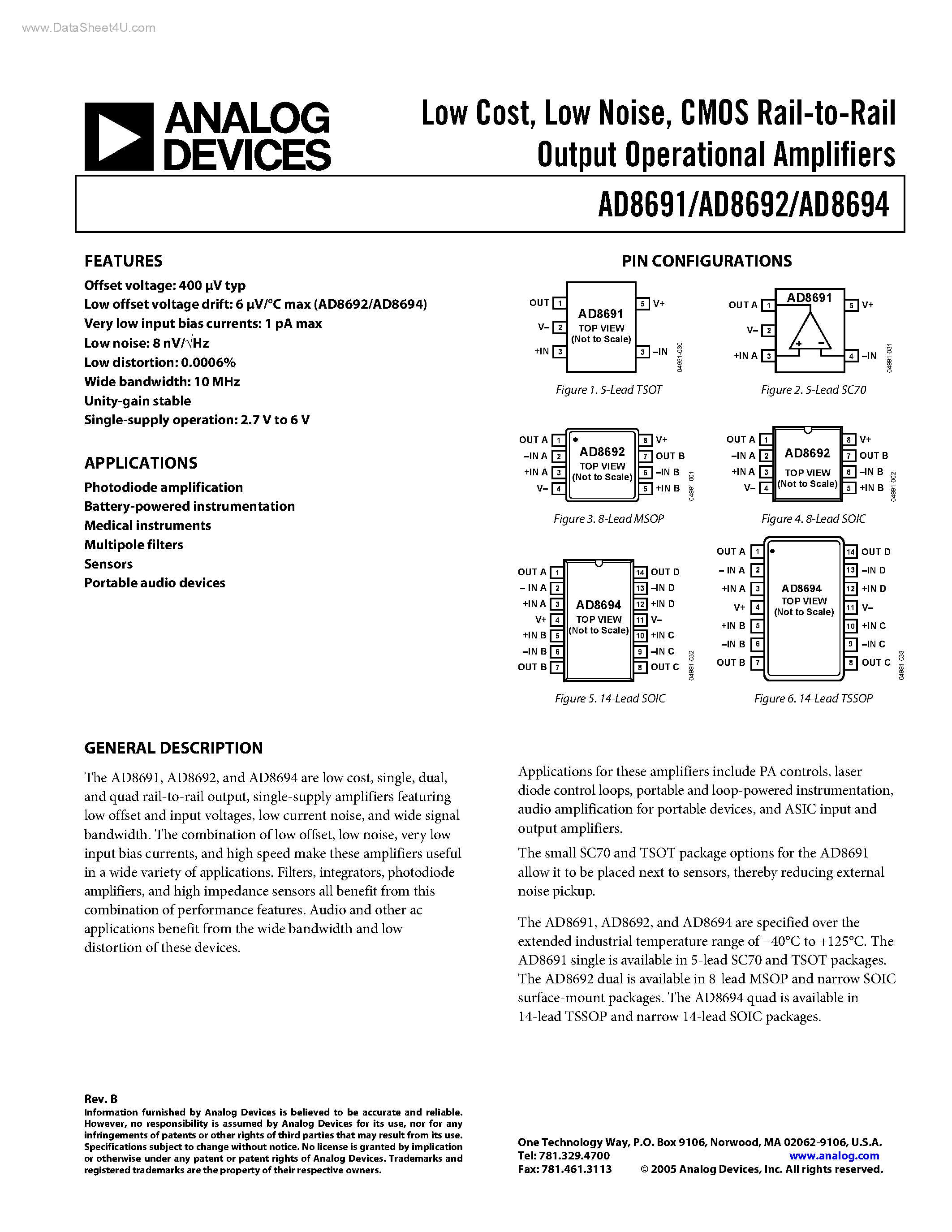 Datasheet AD8691 - (AD8691 - AD8694) CMOS Rail-to-Rail Output Operational Amplifiers page 1