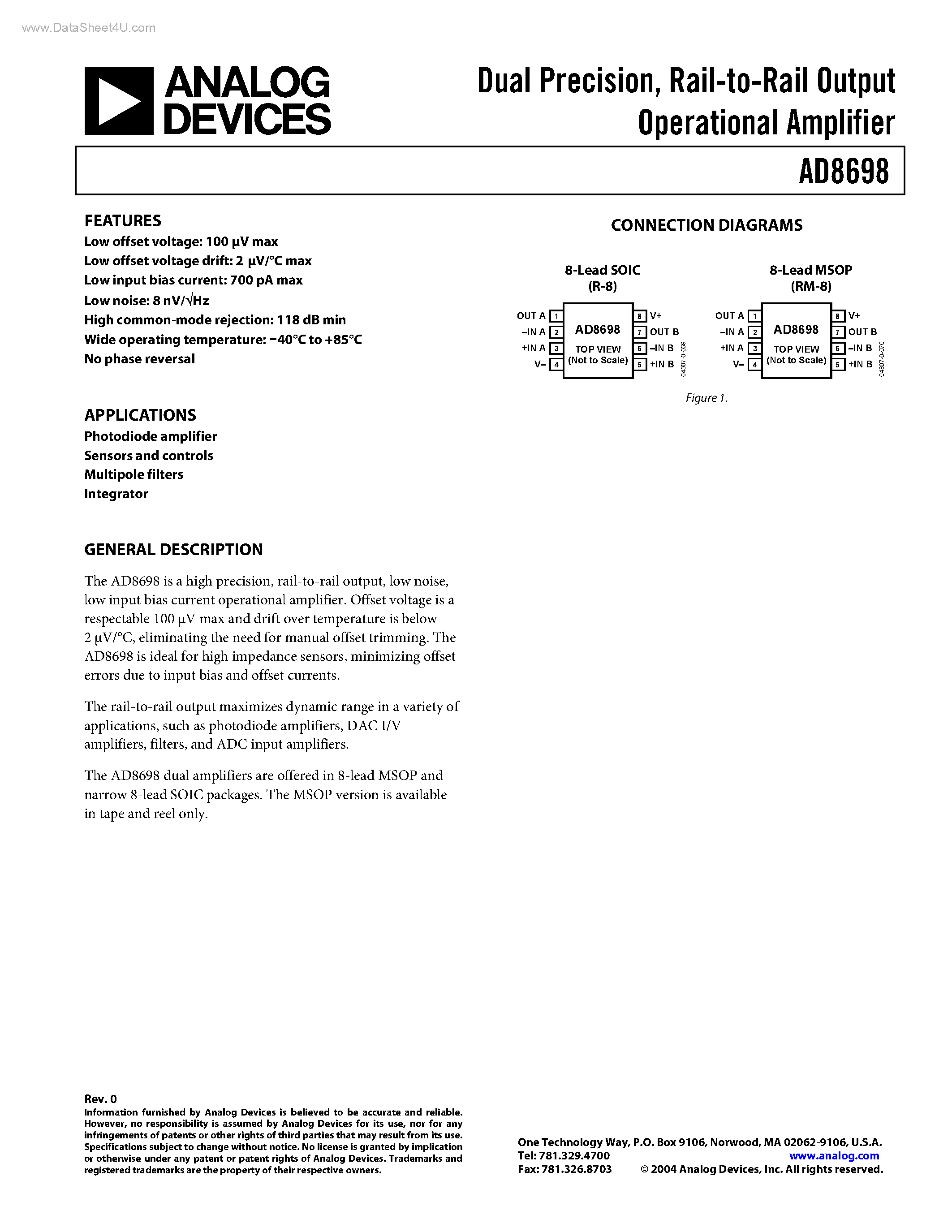 Datasheet AD8698 - Rail-to-Rail Output Operational Amplifier page 1