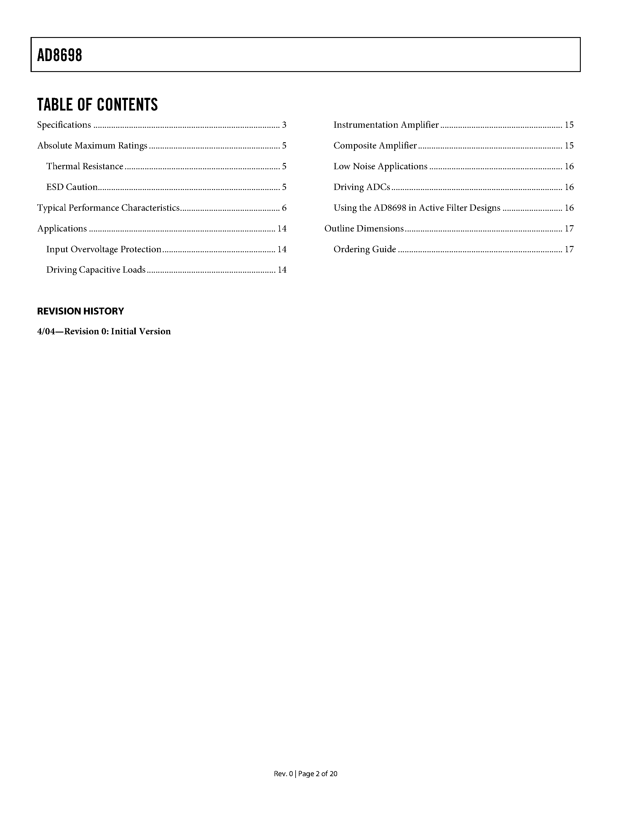 Datasheet AD8698 - Rail-to-Rail Output Operational Amplifier page 2