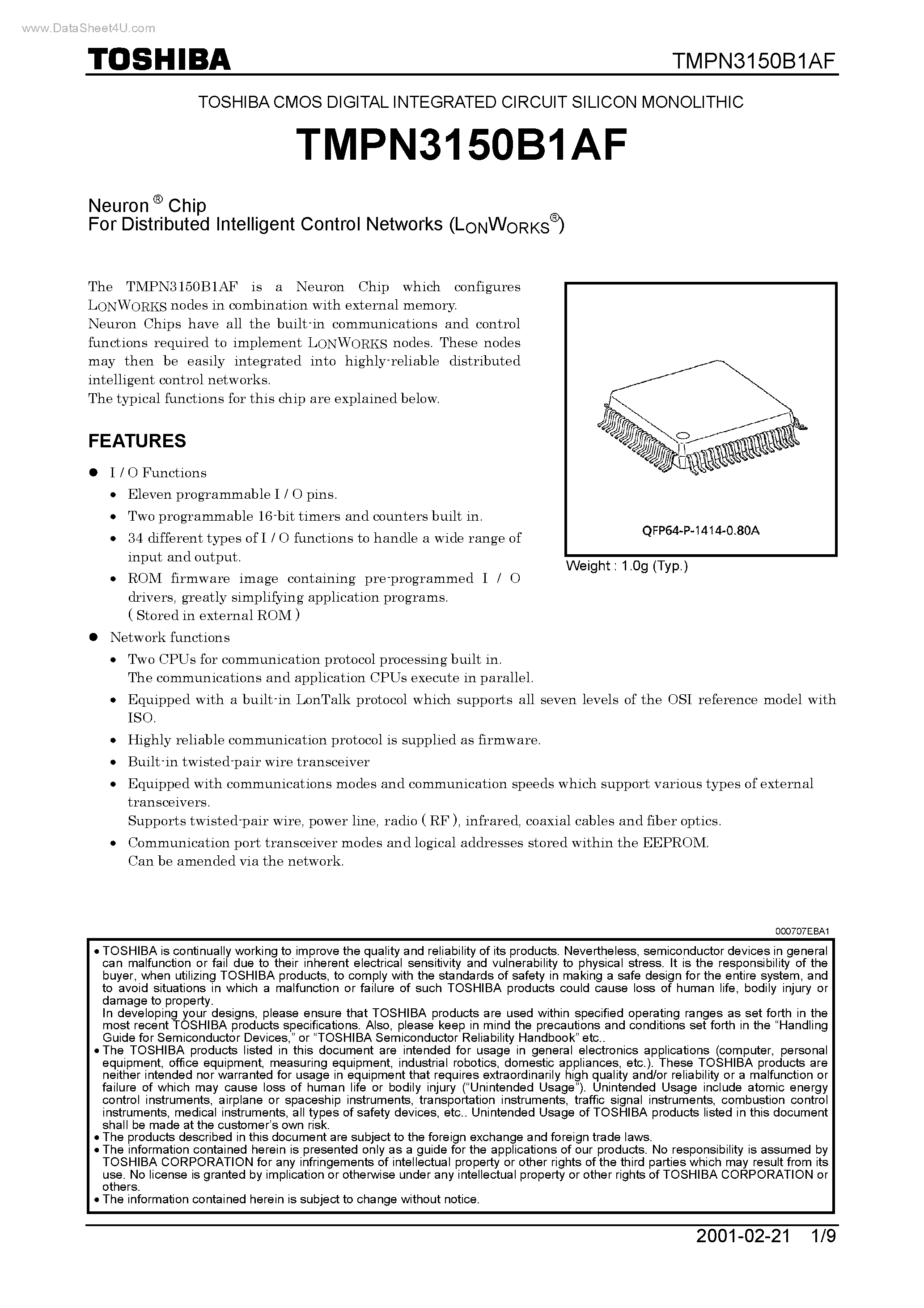 Даташит TMPN3150B1AF - Neuron Chip страница 1