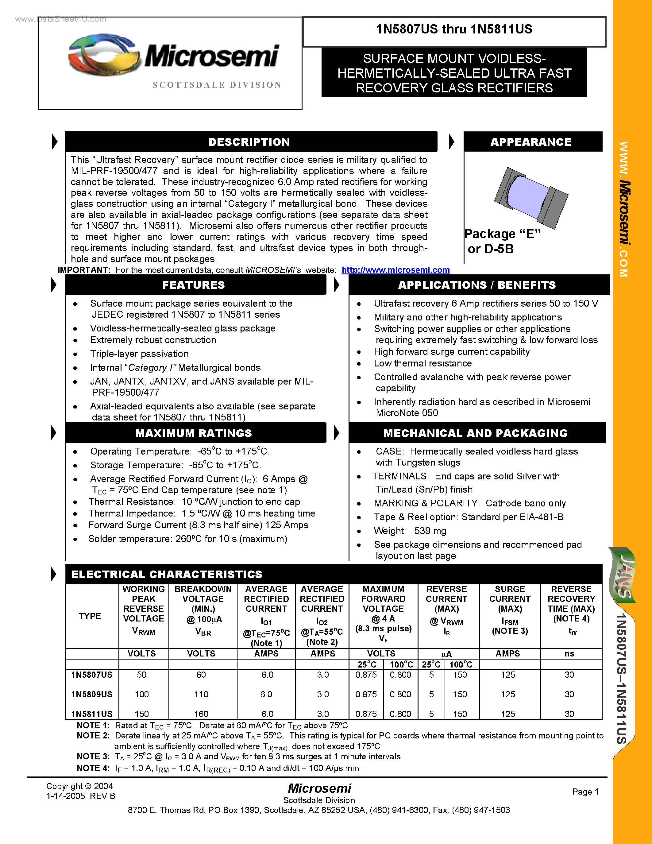 Datasheet 1N5807US - (1N5807US - 1N5811US) SURFACE MOUNT VOIDLESSHERMETICALLY- SEALED ULTRA FAST RECOVERY GLASS RECTIFIERS page 1