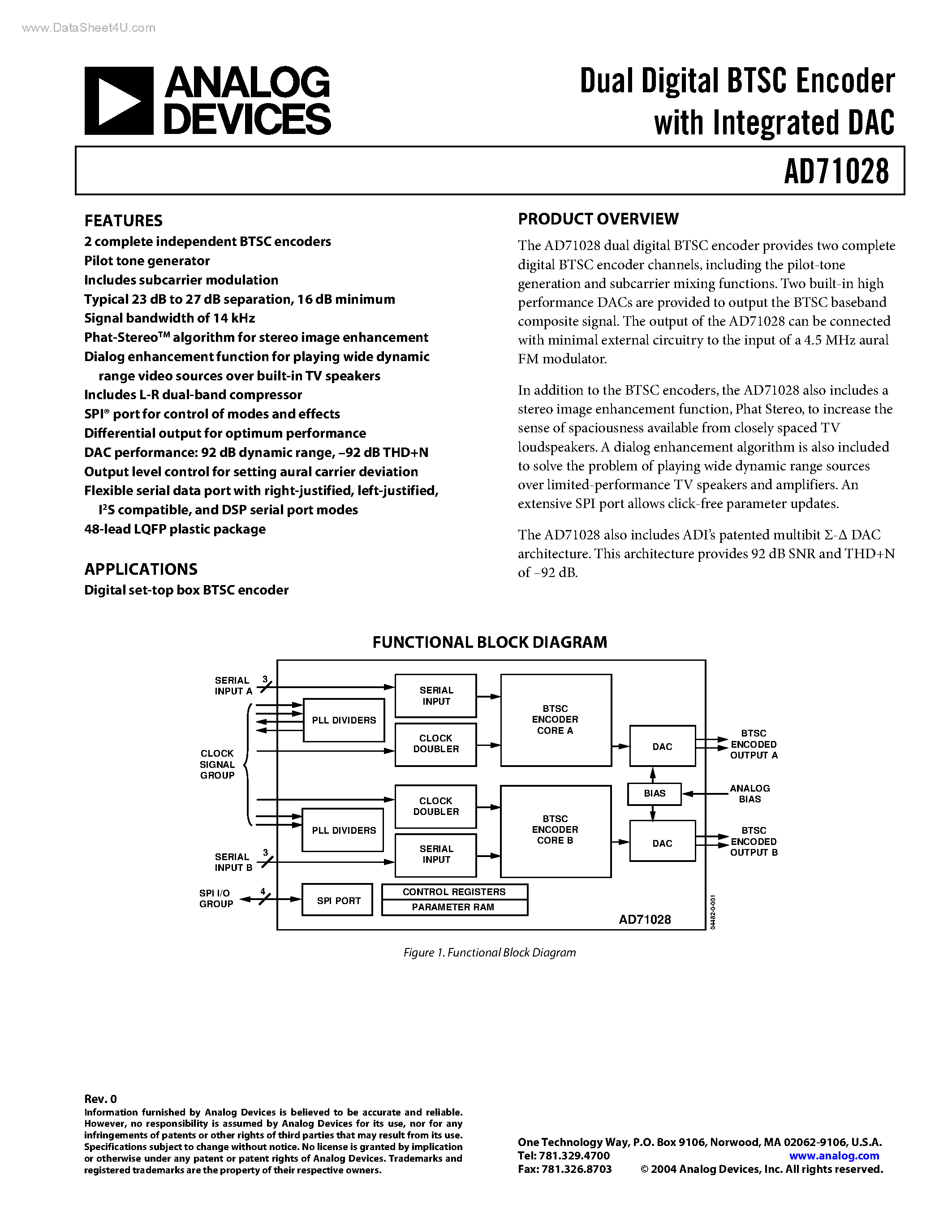 Datasheet AD71028 - Dual Digital BTSC Encoder page 1