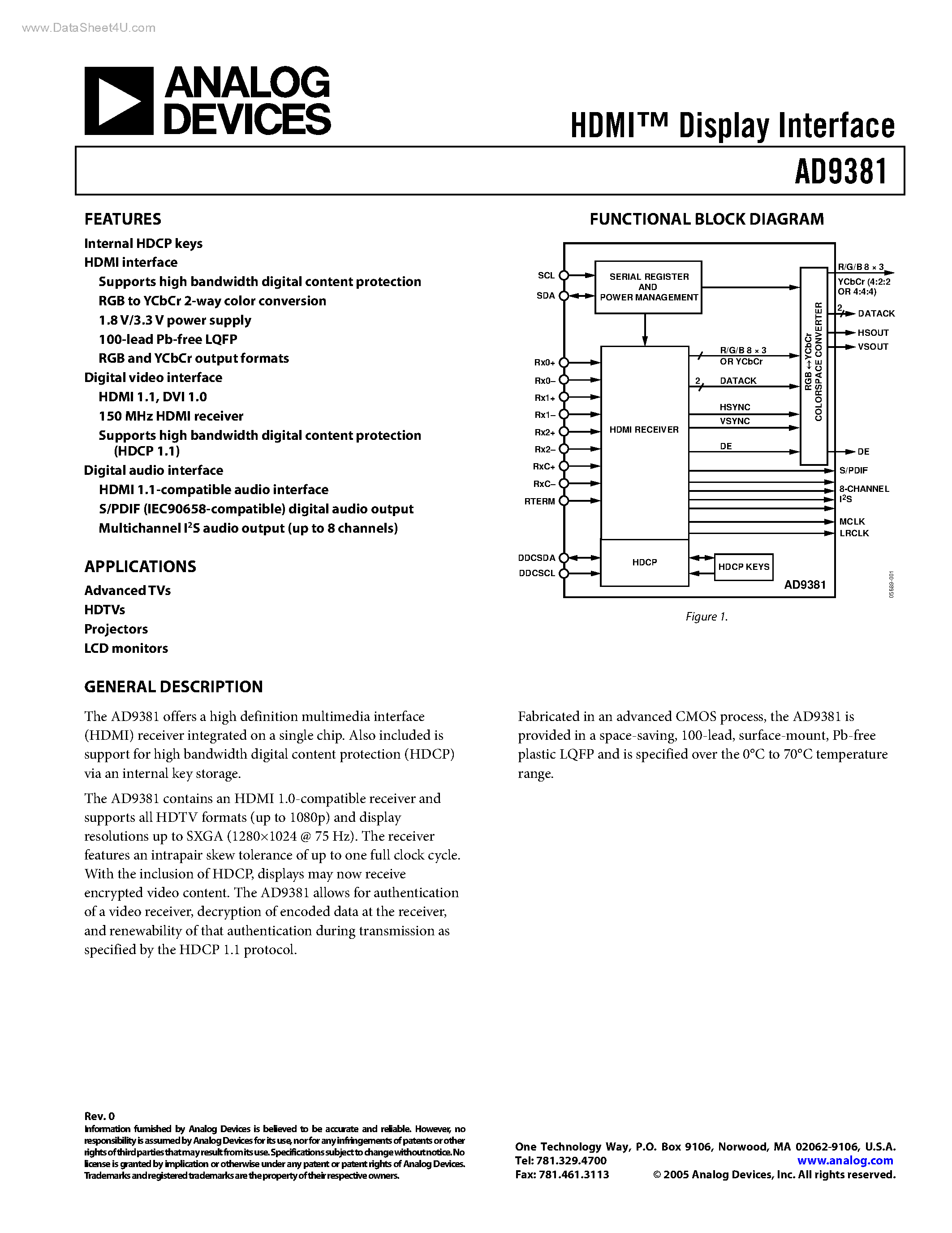 Datasheet AD9381 - HDMI Display Interface page 1