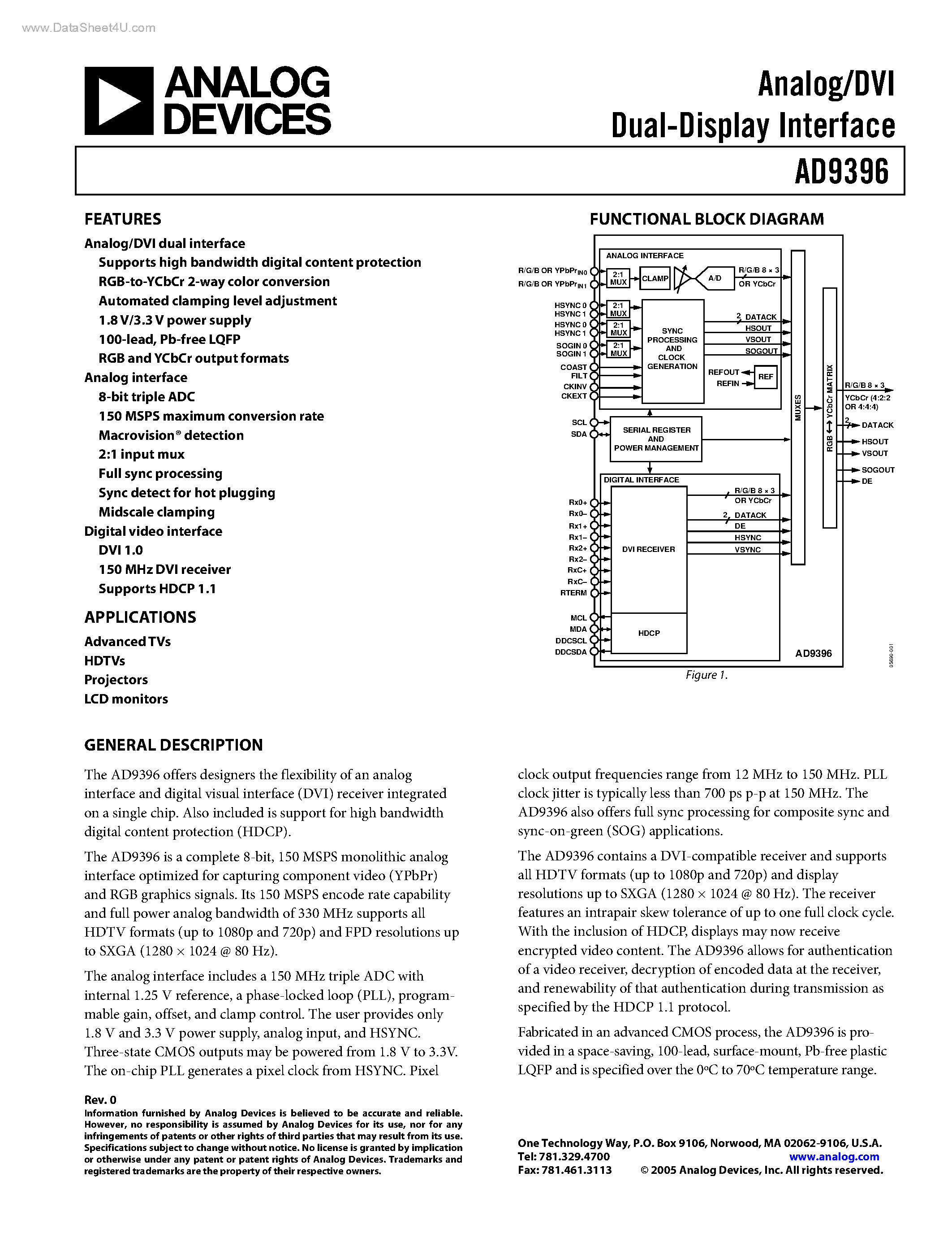 Datasheet AD9396 - Analog/DVI Dual-Display Interface page 1