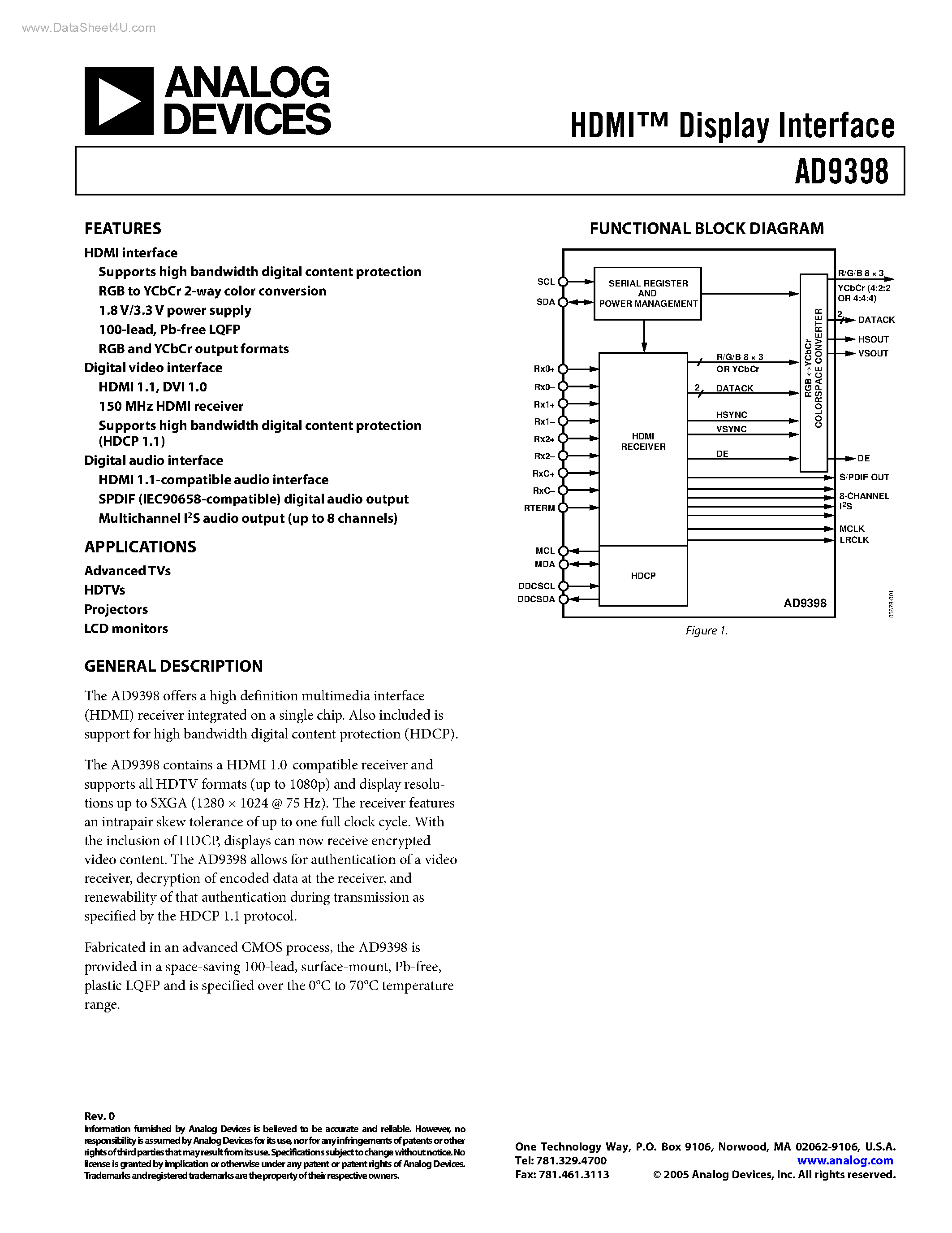 Datasheet AD9398 - Display Interface page 1