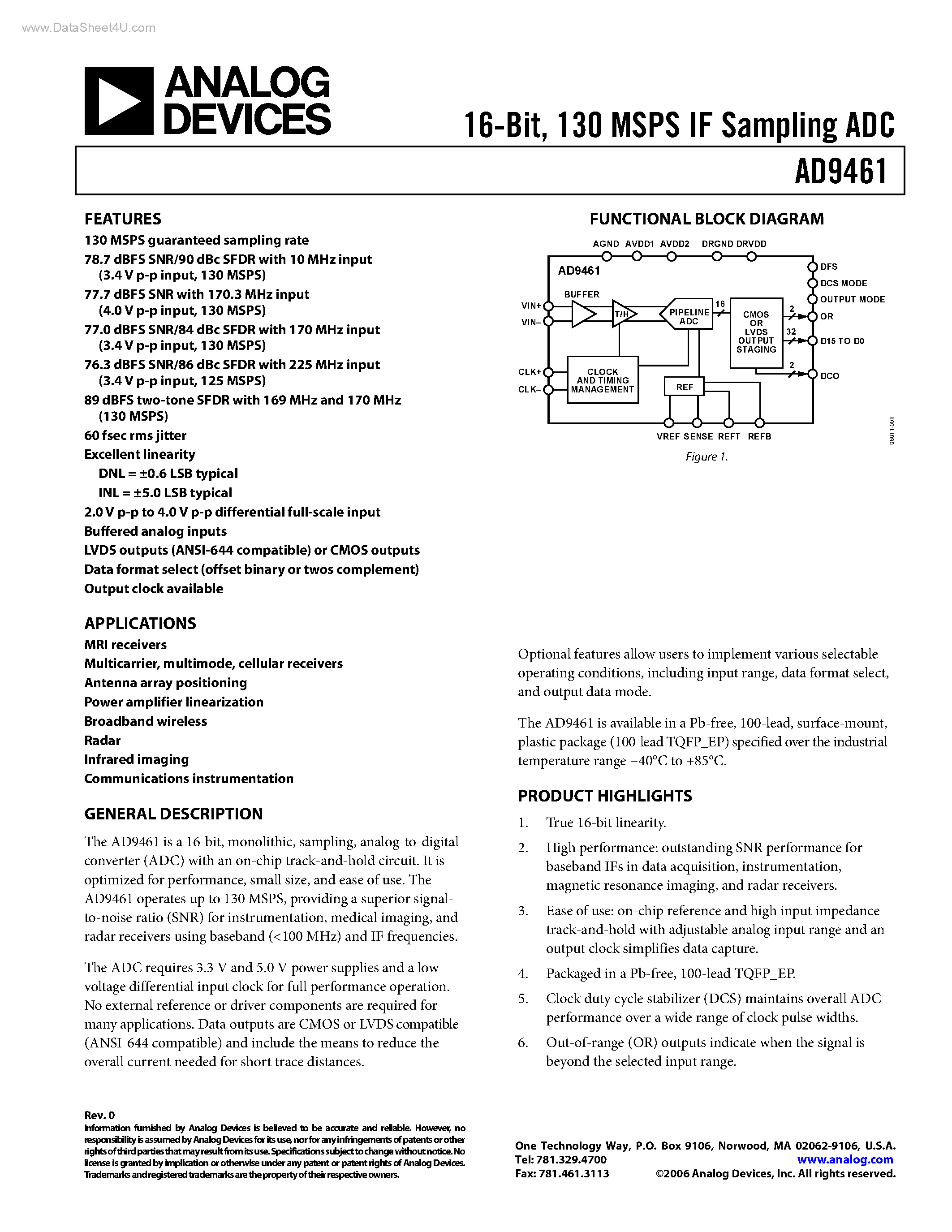 Datasheet AD9461 - IF Sampling ADC page 1