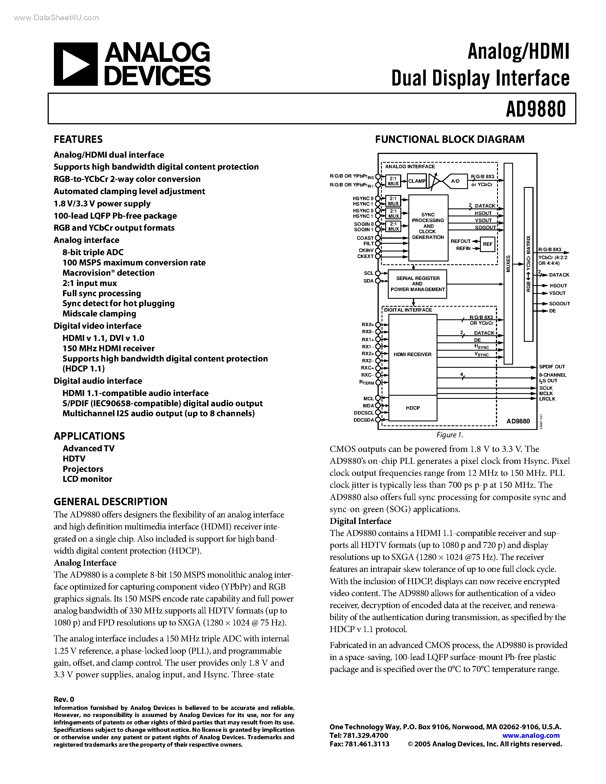 Datasheet AD9880 - Analog/HDMI Dual Display Interface page 1