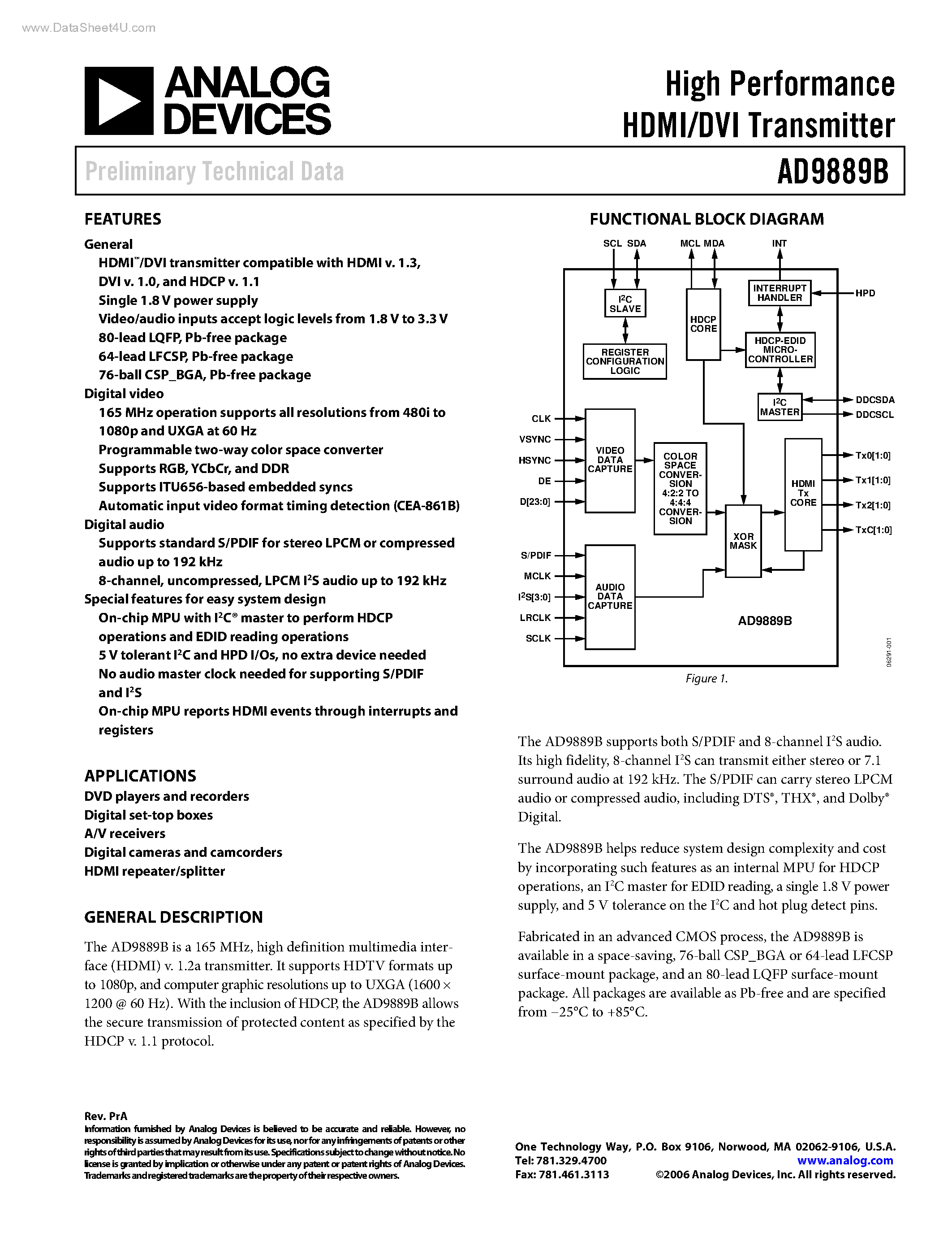 Datasheet AD9889B - High Performance HDMI/DVI Transmitter page 1