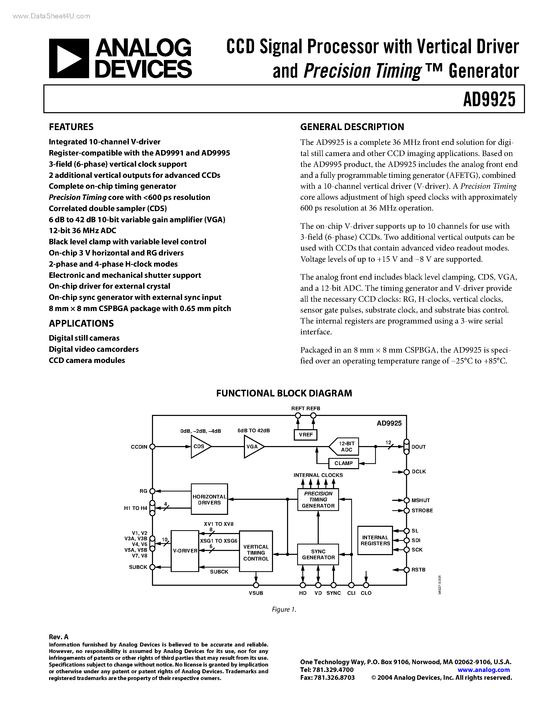 Datasheet AD9925 - CCD Signal Processor page 1